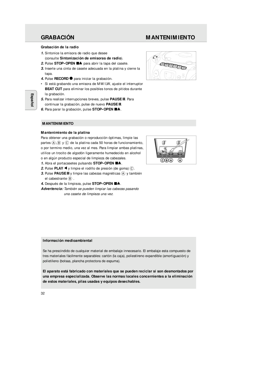 Philips AZ 1145 manual Español Grabación de la radio, Consulte Sintonización de emisoras de radio, Mantenimiento 