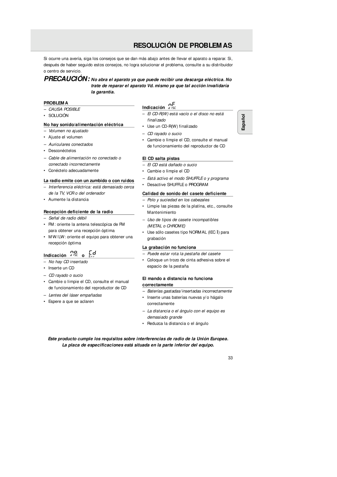 Philips AZ 1145 manual Problema 