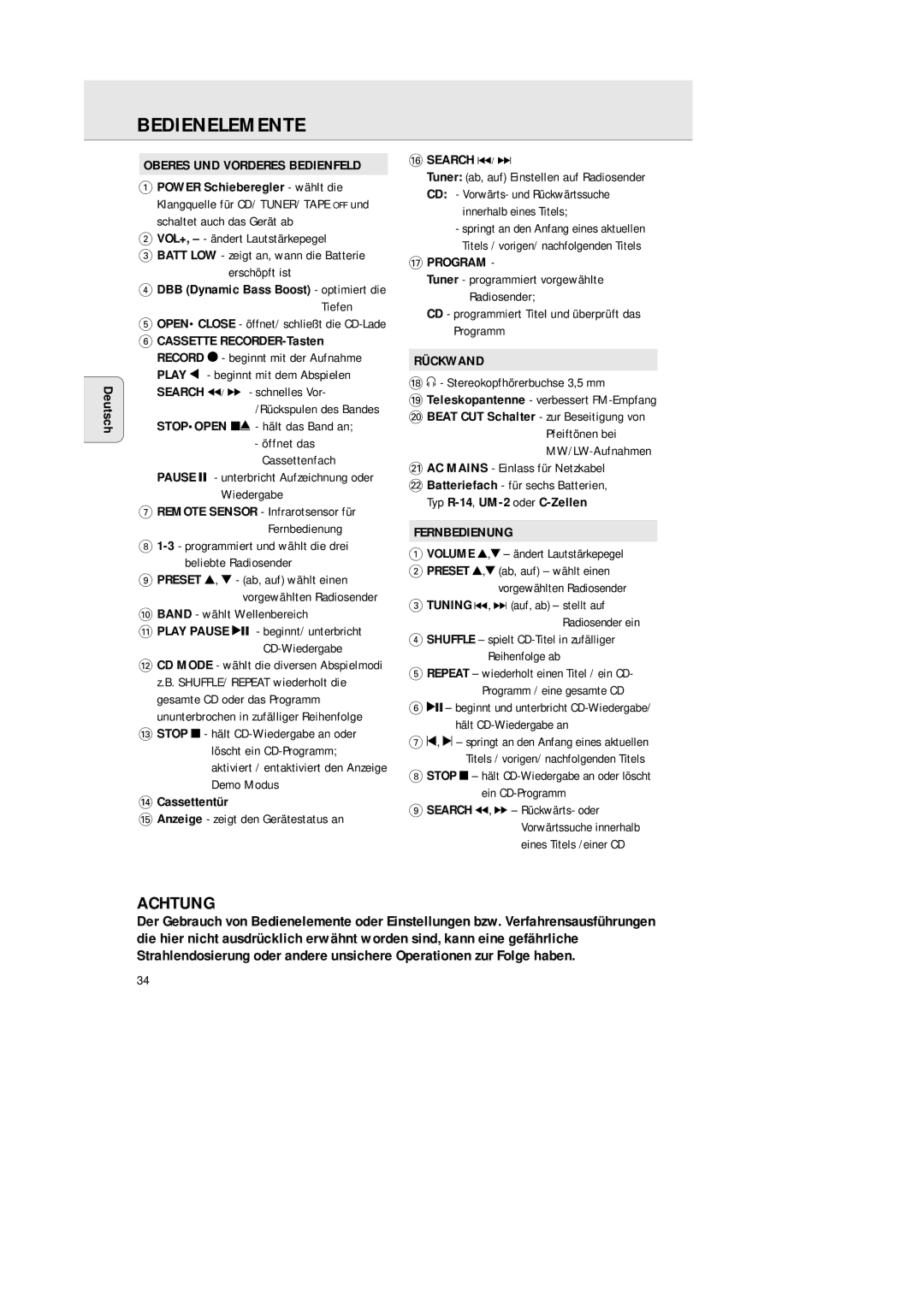 Philips AZ 1145 manual Bedienelemente, Oberes UND Vorderes Bedienfeld, Rückwand, Fernbedienung 