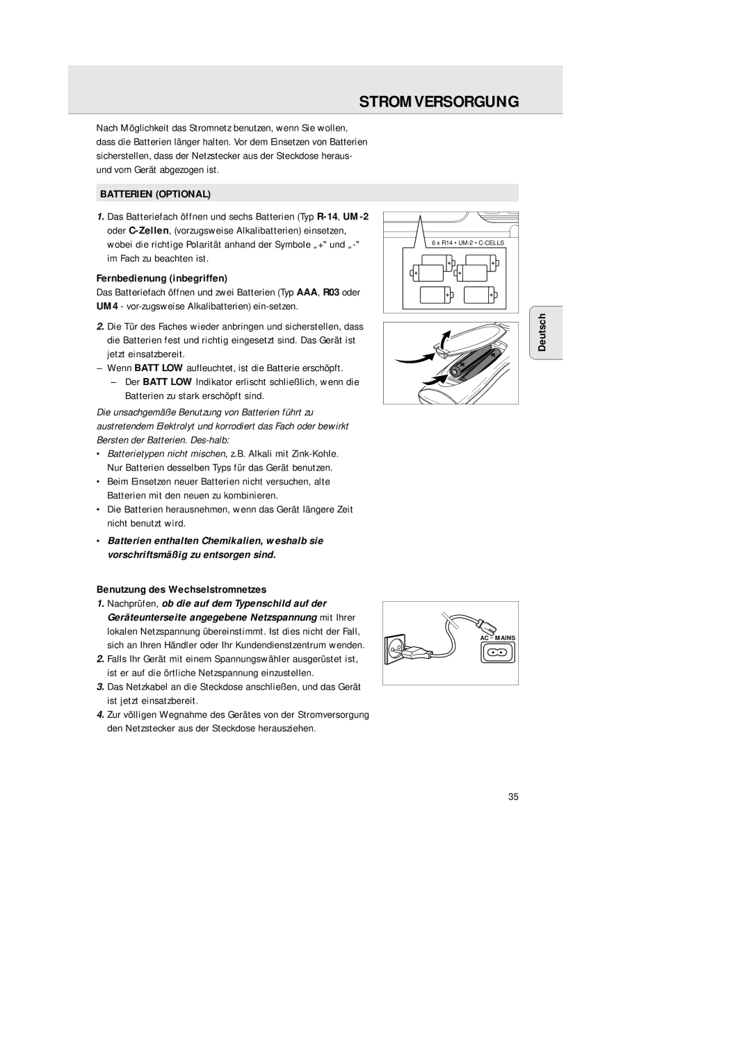 Philips AZ 1145 manual Stromversorgung, Batterien Optional, Fernbedienung inbegriffen, Benutzung des Wechselstromnetzes 