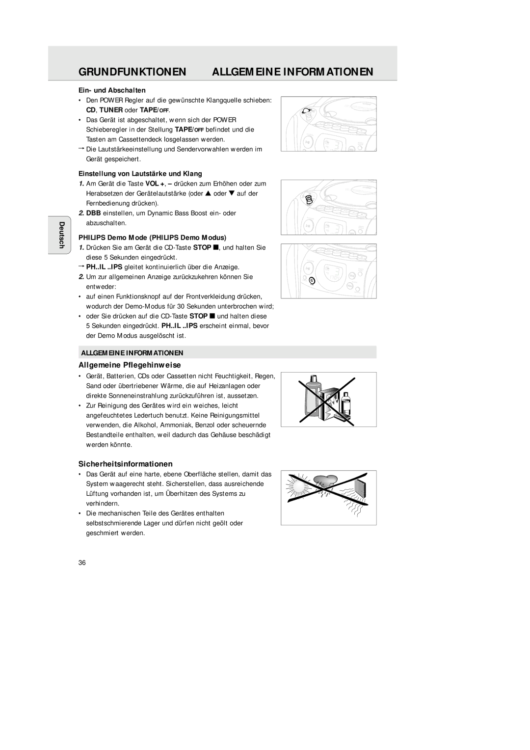 Philips AZ 1145 manual Grundfunktionen, Allgemeine Informationen, Allgemeine Pflegehinweise, Sicherheitsinformationen 