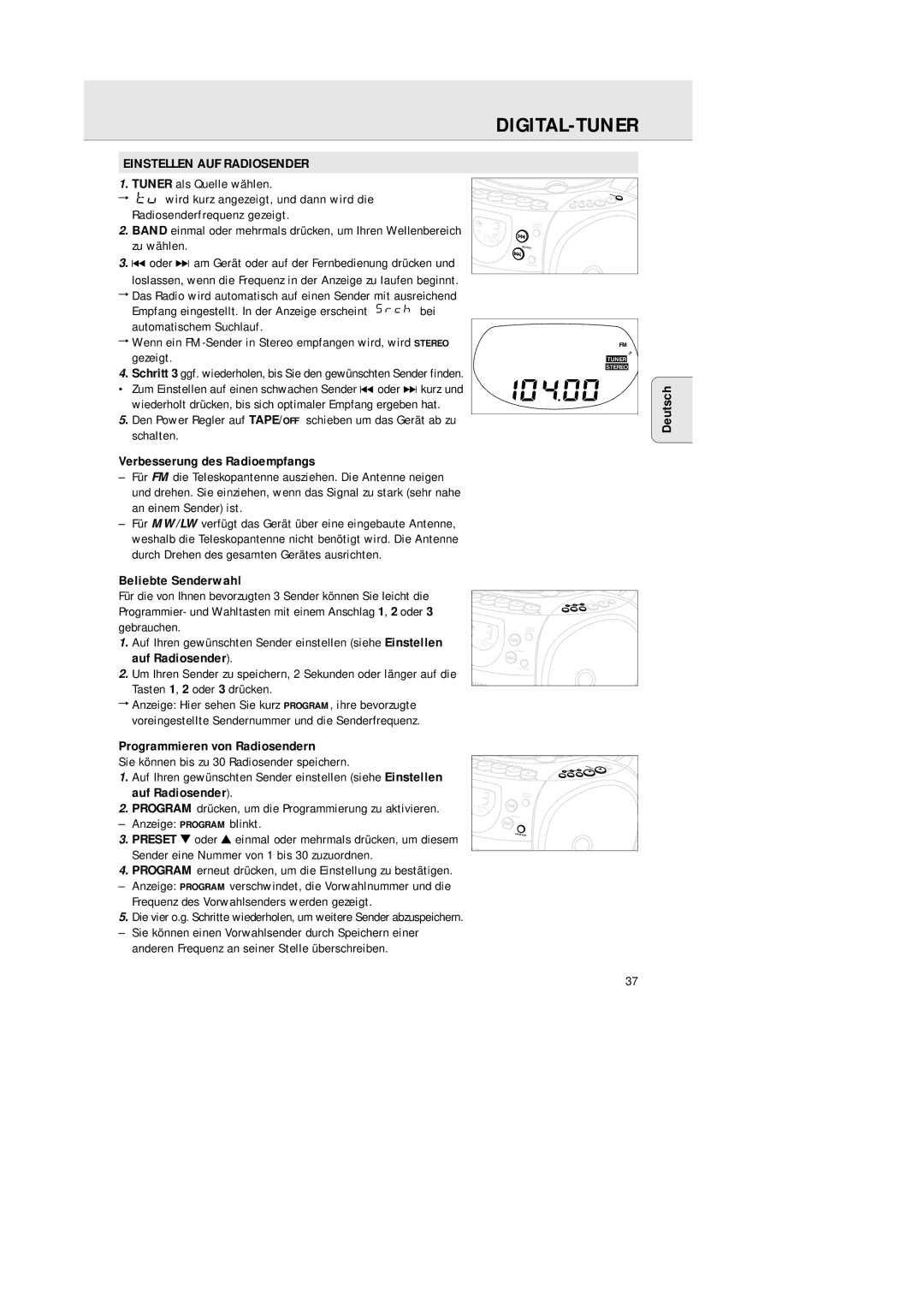 Philips AZ 1145 manual Digital-Tuner, Einstellen AUF Radiosender, Verbesserung des Radioempfangs, Beliebte Senderwahl 