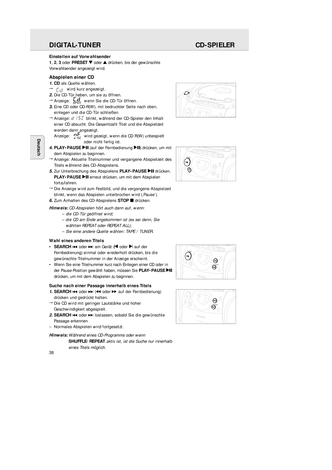 Philips AZ 1145 manual Cd-Spieler, Abspielen einer CD, Einstellen auf Vorwahlsender, Wahl eines anderen Titels 