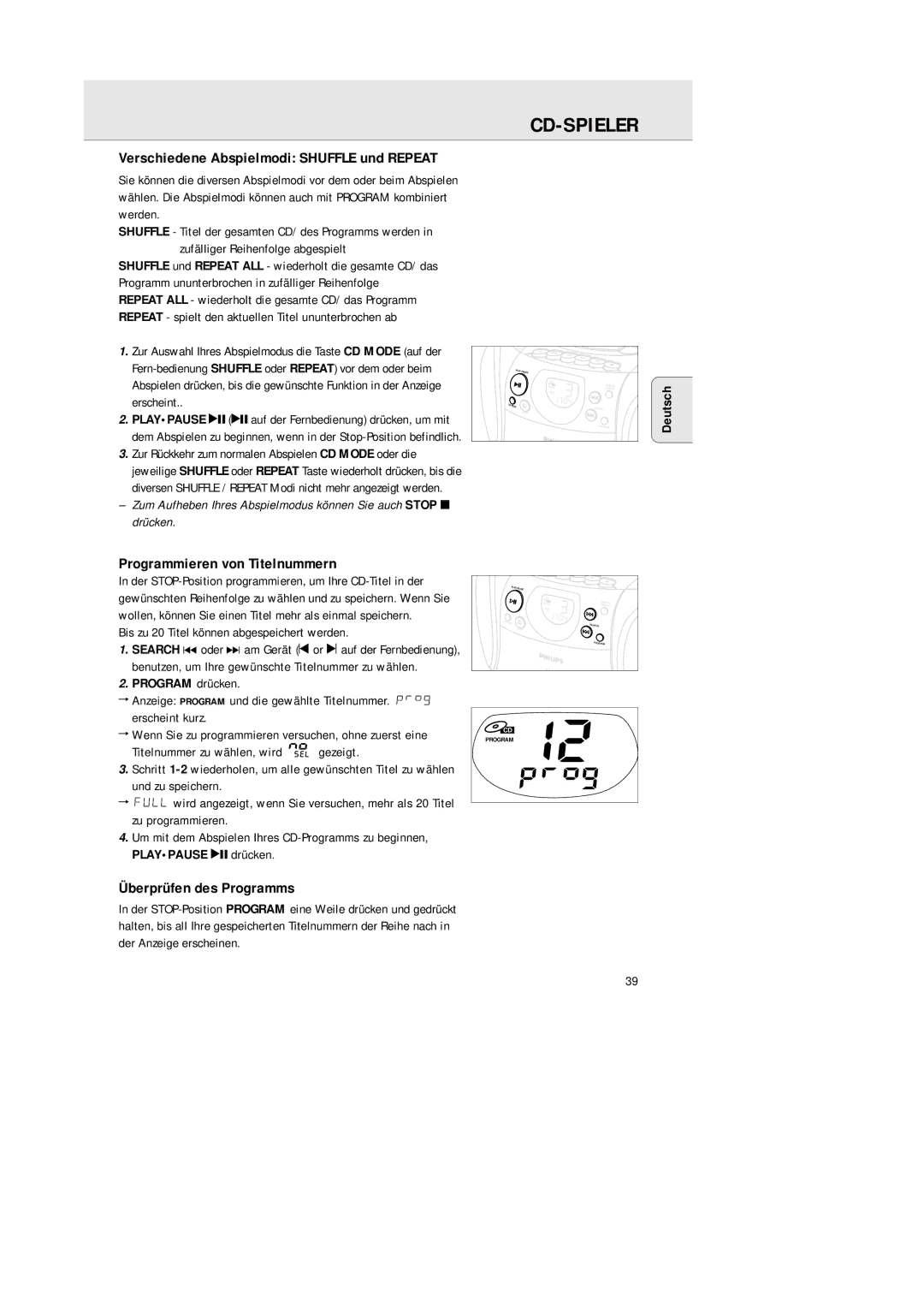 Philips AZ 1145 Verschiedene Abspielmodi Shuffle und Repeat, Programmieren von Titelnummern, Überprüfen des Programms 