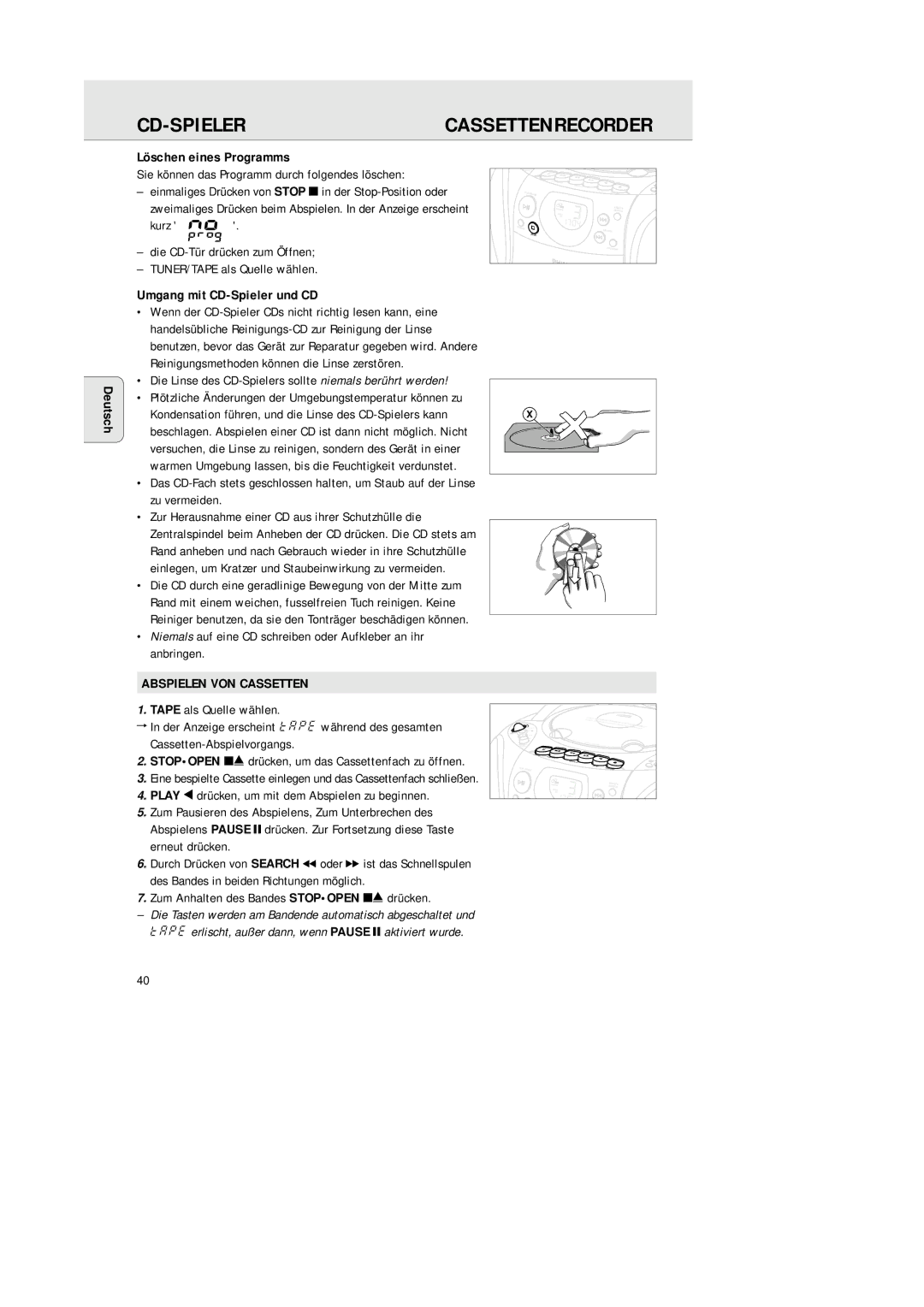 Philips AZ 1145 Cassettenrecorder, Deutsch Löschen eines Programms, Umgang mit CD-Spieler und CD, Abspielen VON Cassetten 