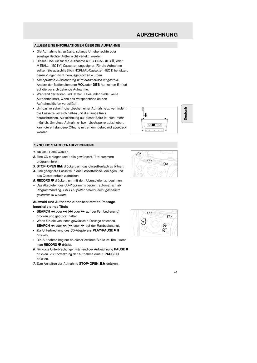 Philips AZ 1145 manual Aufzeichnung, Allgemeine Informationen Über DIE Aufnahme, Synchro Start CD-AUFZEICHNUNG 