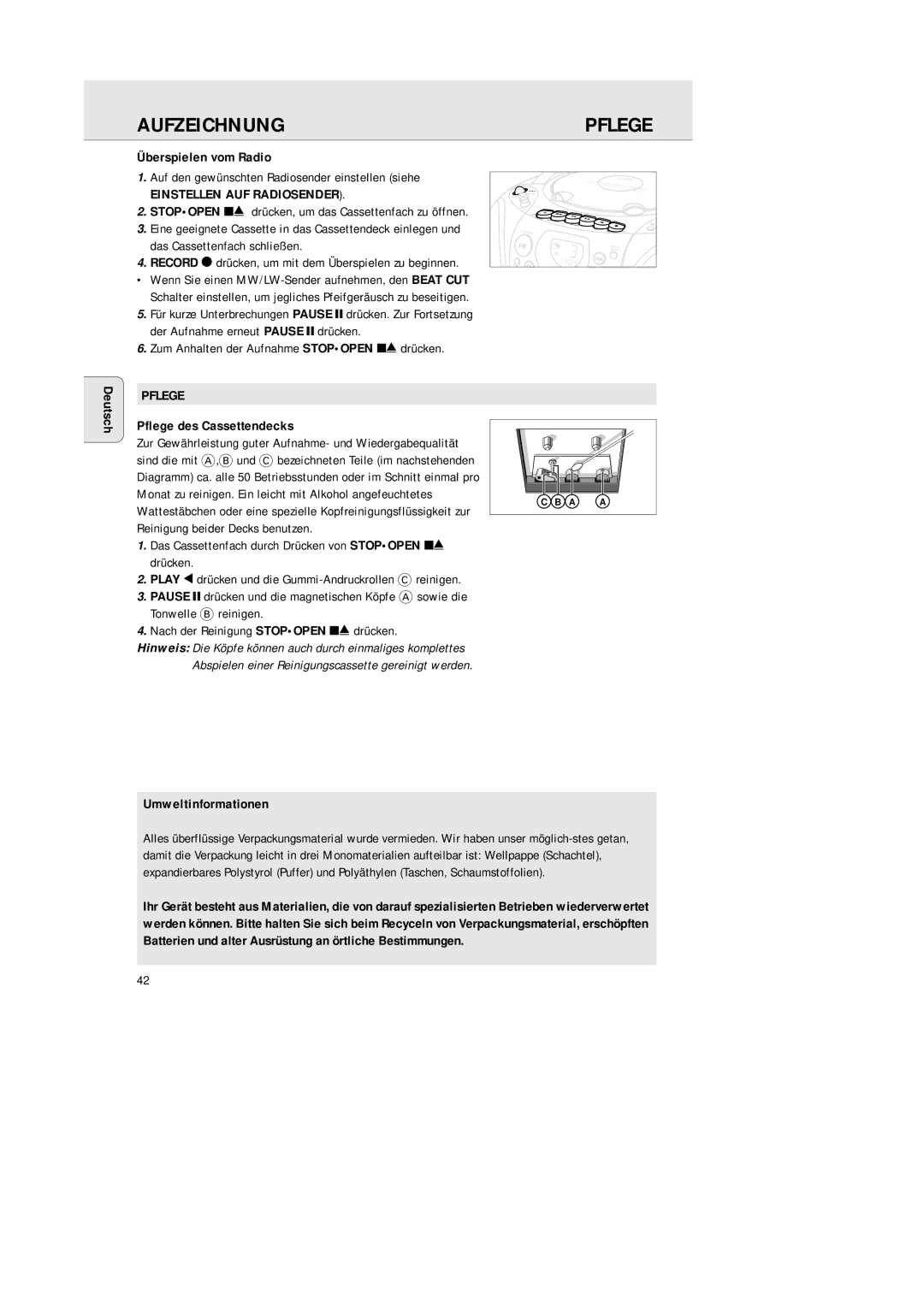 Philips AZ 1145 manual Überspielen vom Radio, Pflege des Cassettendecks, Umweltinformationen 