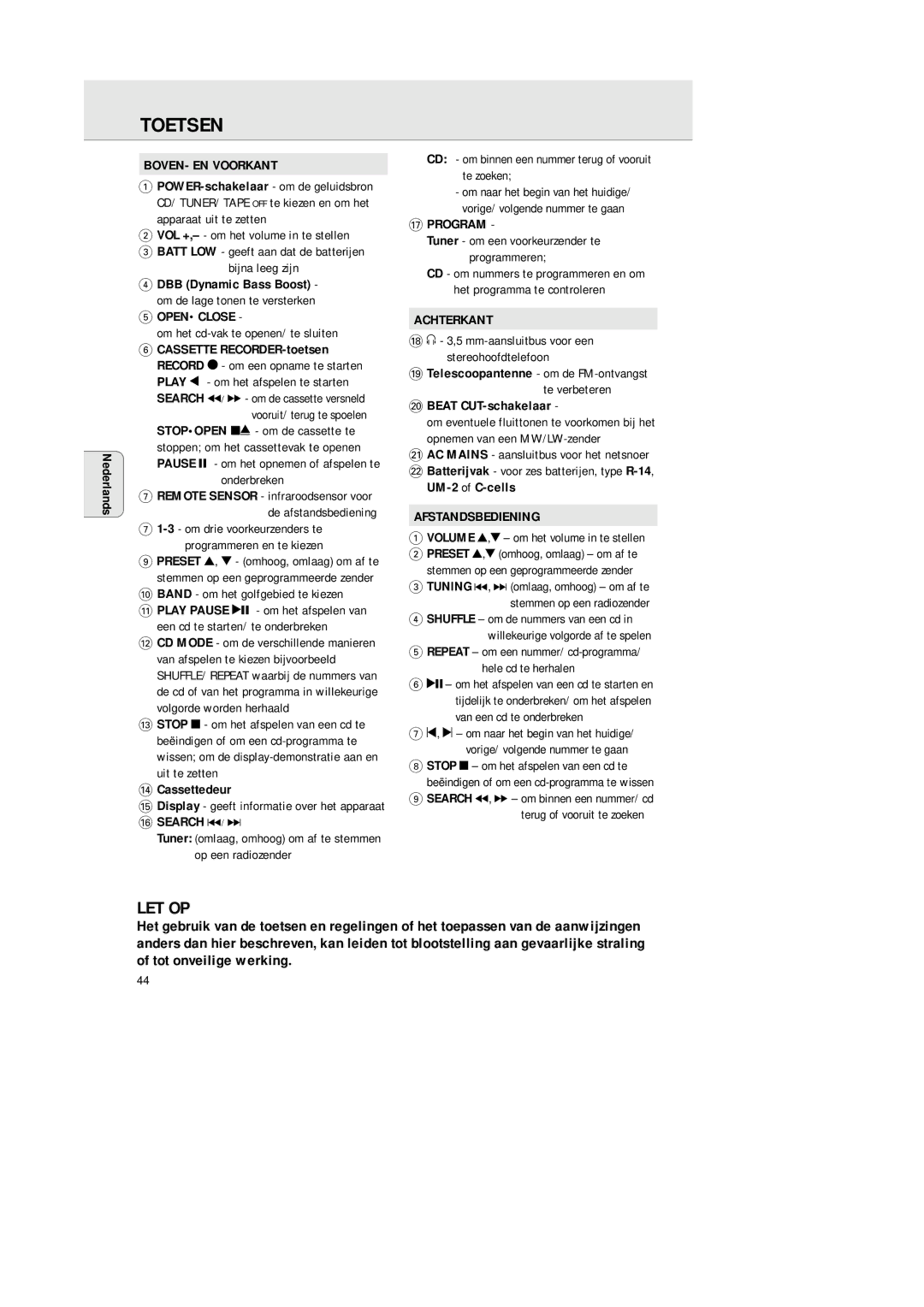 Philips AZ 1145 manual Toetsen, BOVEN- EN Voorkant, Openclose, Achterkant, Afstandsbediening 