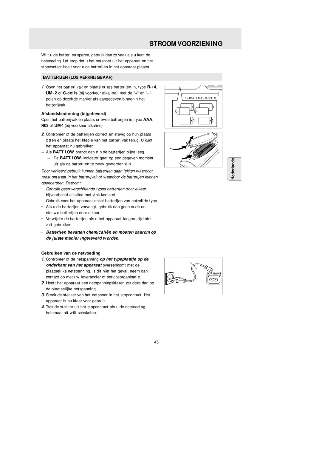 Philips AZ 1145 Stroomvoorziening, Batterijen LOS Verkrijgbaar, Afstandsbediening bijgeleverd, Gebruiken van de netvoeding 