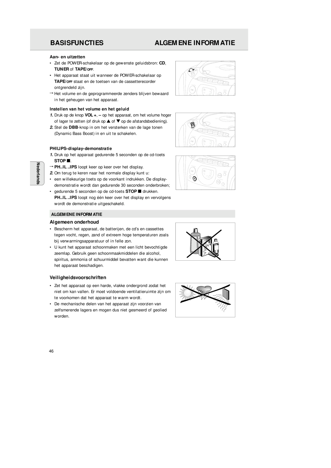 Philips AZ 1145 manual Basisfuncties, Algemene Informatie, Algemeen onderhoud, Veiligheidsvoorschriften 