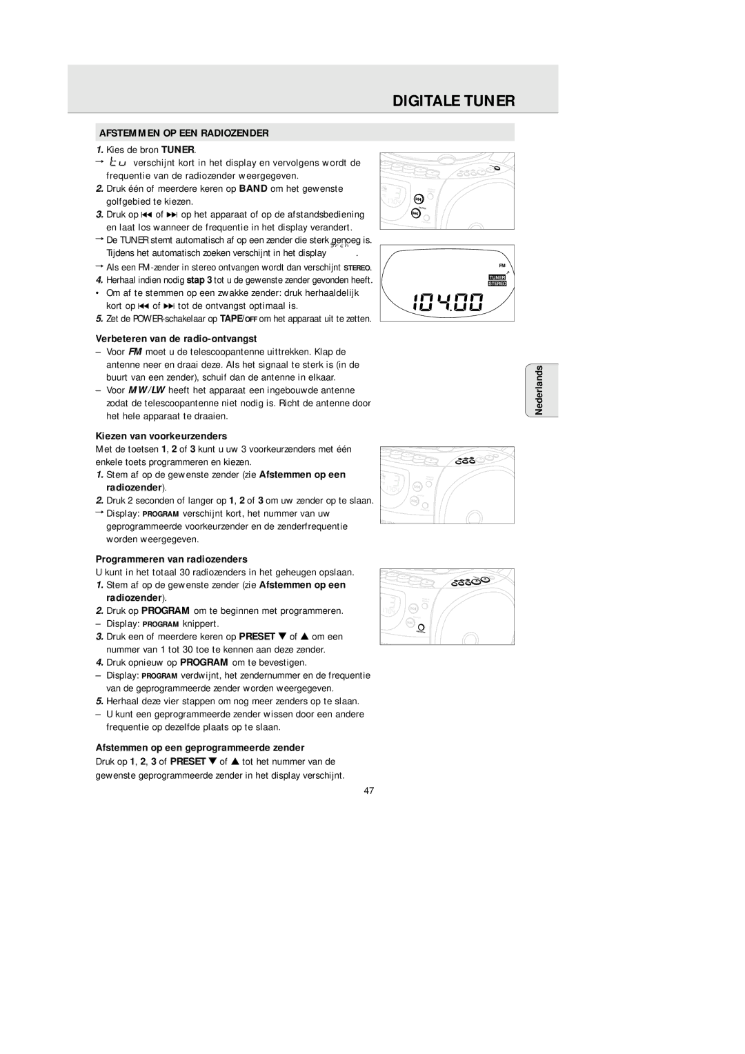 Philips AZ 1145 manual Digitale Tuner, Afstemmen OP EEN Radiozender 