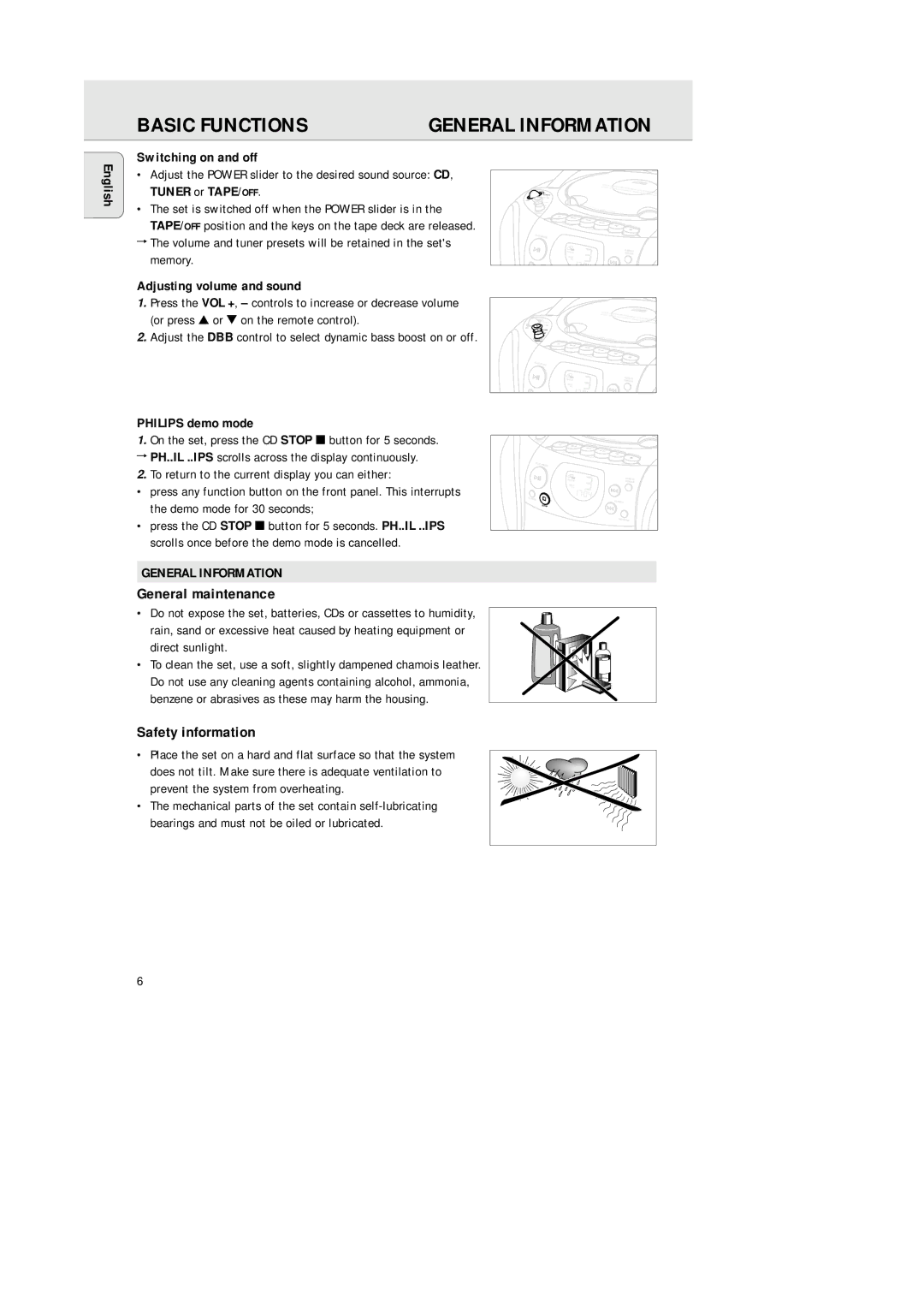 Philips AZ 1145 manual Basic Functions, General Information, General maintenance, Safety information 