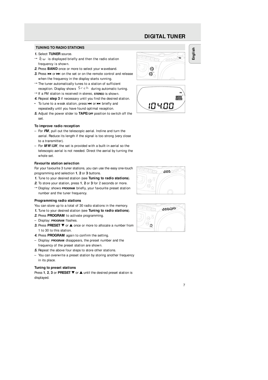 Philips AZ 1145 manual Digital Tuner, Tuning to Radio Stations 