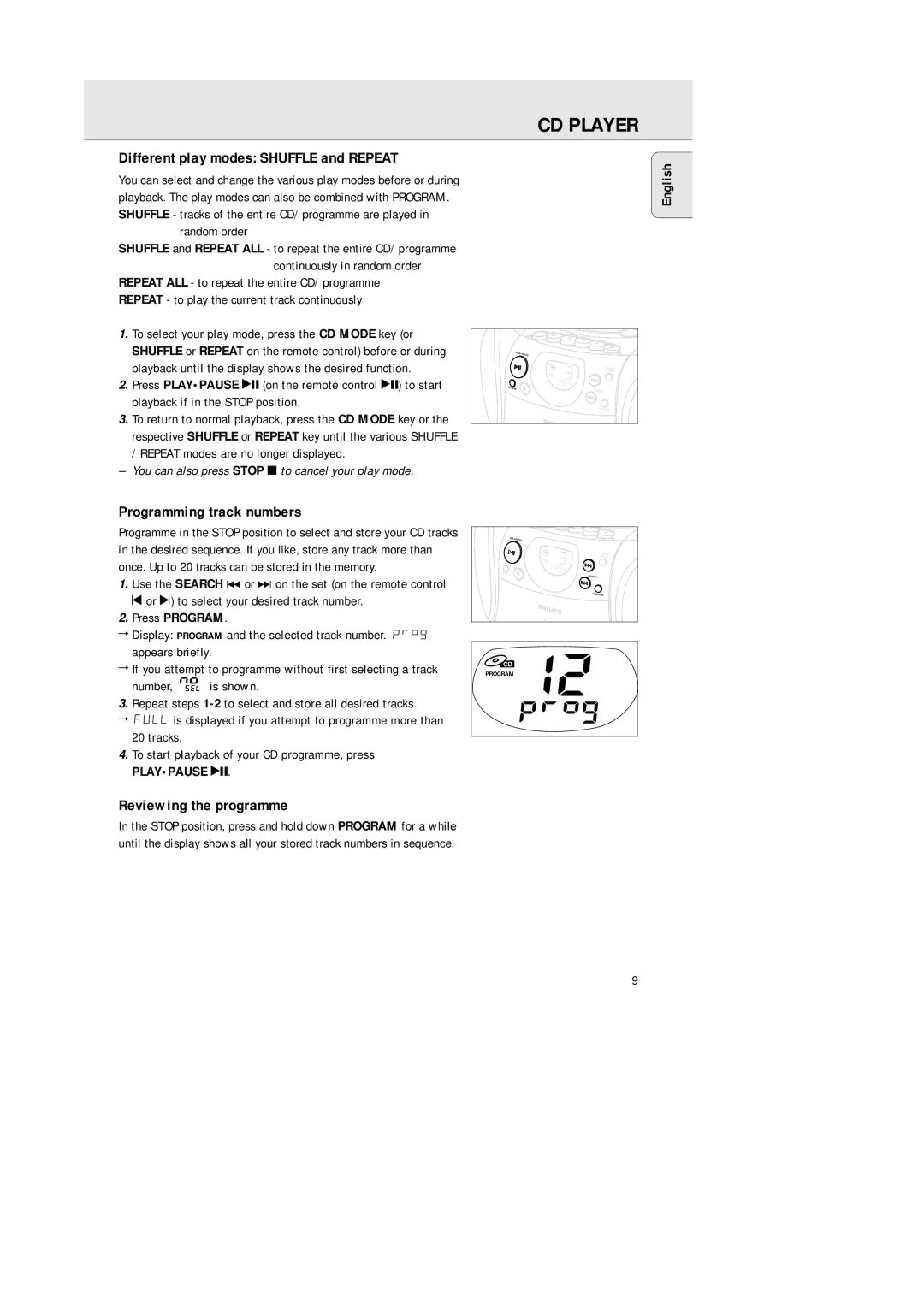 Philips AZ 1145 manual Different play modes Shuffle and Repeat, Programming track numbers, Reviewing the programme 