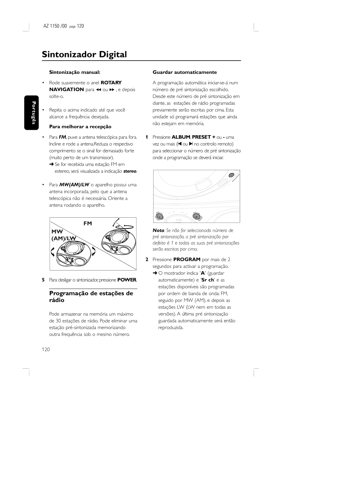 Philips AZ 1150 /00 Programação de estações de rádio, Sintonização manual, Para melhorar a recepção, 120 