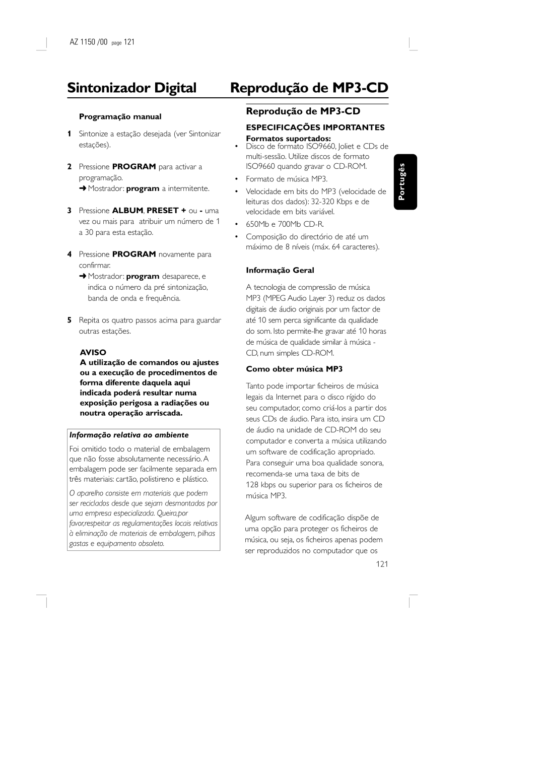 Philips AZ 1150 /00 manual Reprodução de MP3-CD, Aviso, Informação relativa ao ambiente 