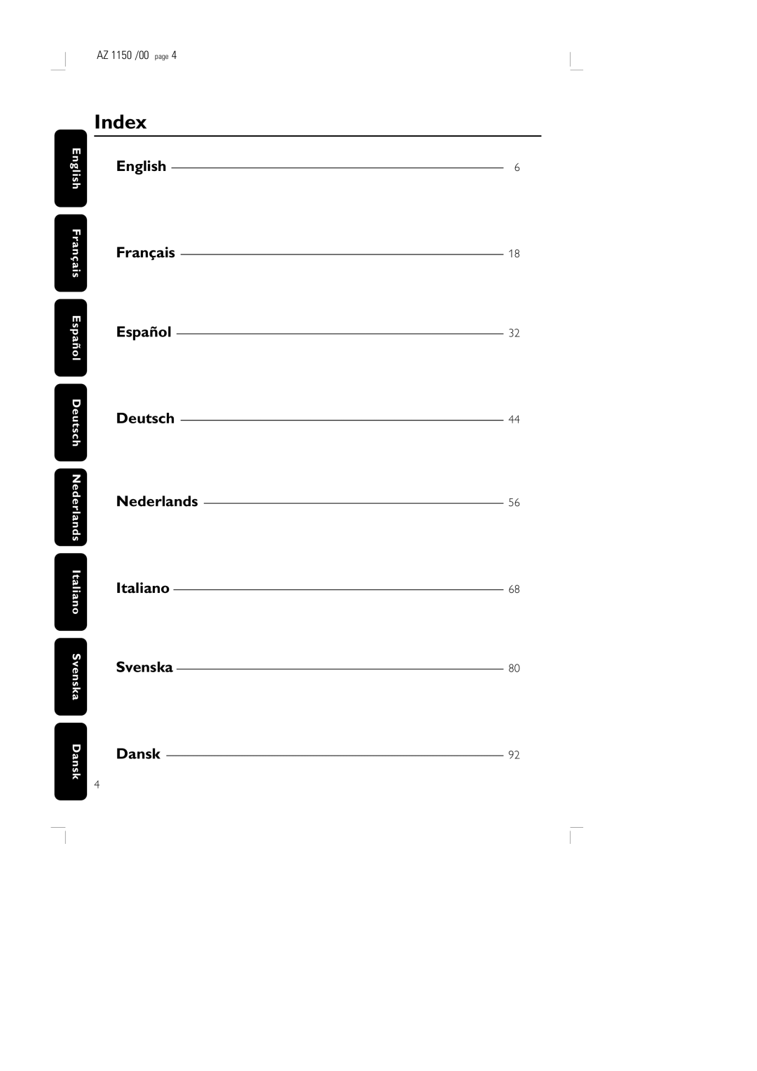 Philips AZ 1150 /00 manual Index, Nederlands 