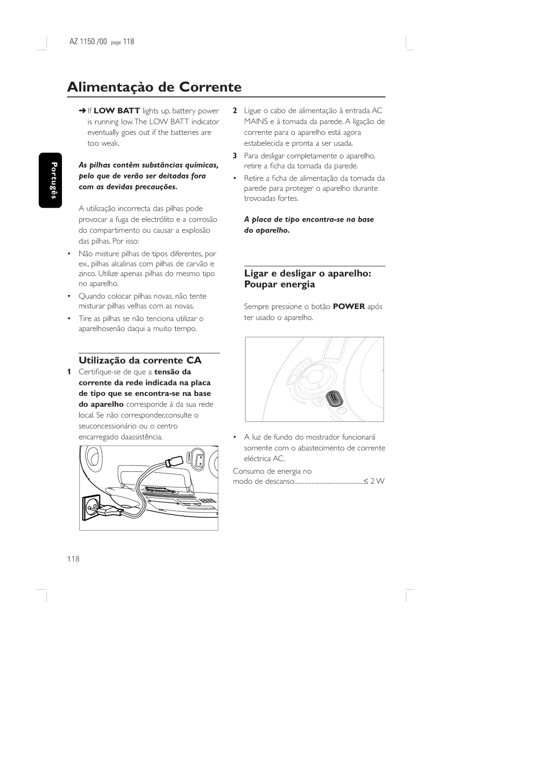 Philips AZ 1150 /00 manual Alimentaçào de Corrente, Utilização da corrente CA, Ligar e desligar o aparelho Poupar energia 