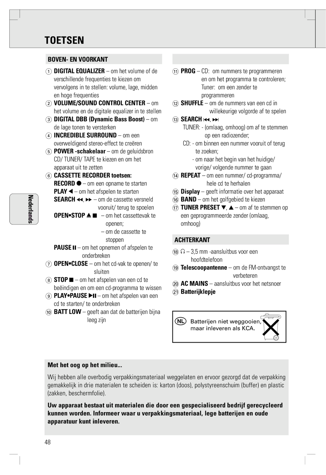 Philips AZ 1560/00 manual Toetsen, BOVEN- EN Voorkant, Achterkant 