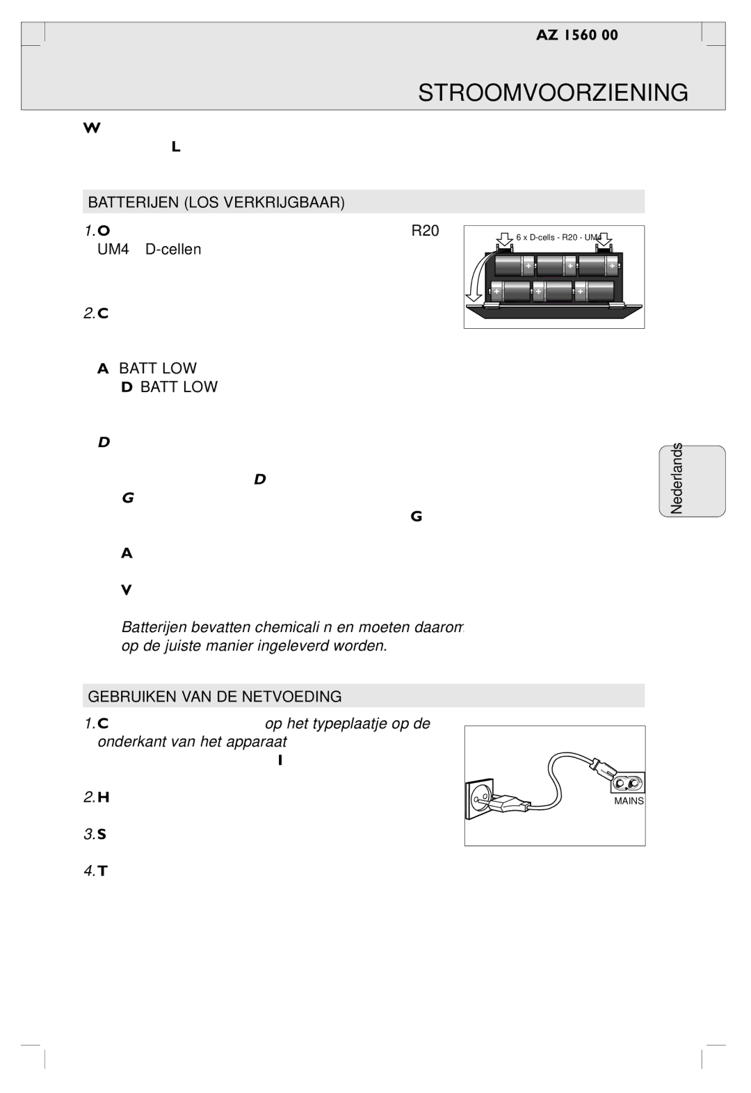 Philips AZ 1560/00 manual Stroomvoorziening, Batterijen LOS Verkrijgbaar, Gebruiken VAN DE Netvoeding 