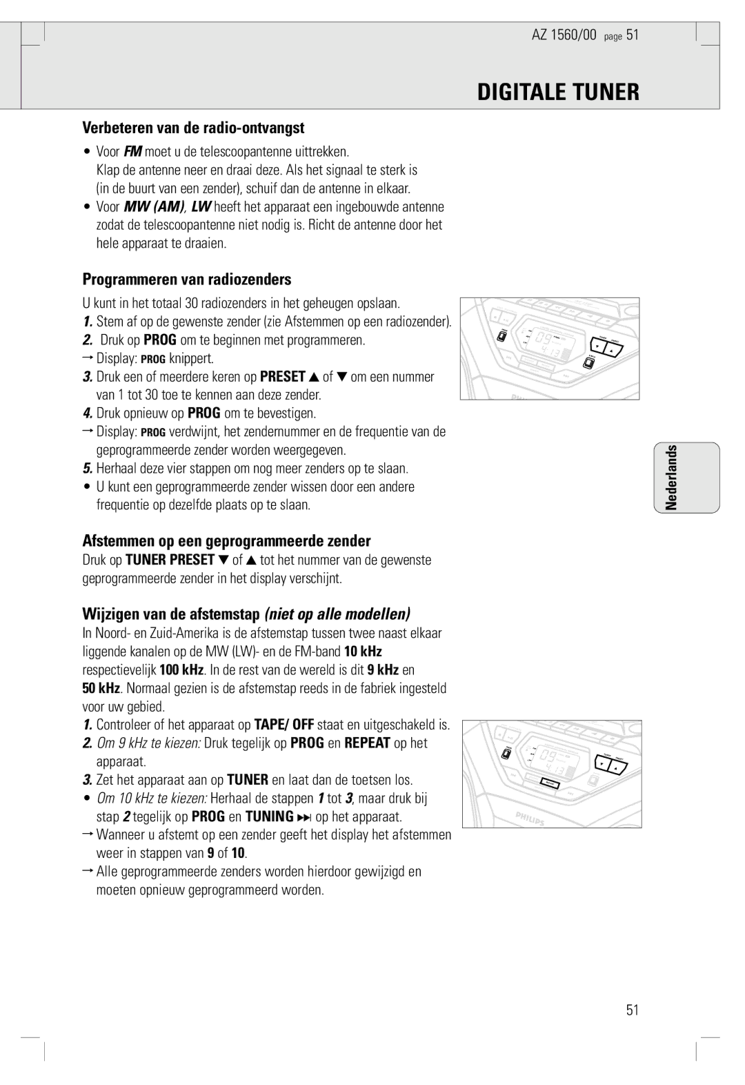 Philips AZ 1560/00 manual Digitale Tuner, Verbeteren van de radio-ontvangst, Programmeren van radiozenders 