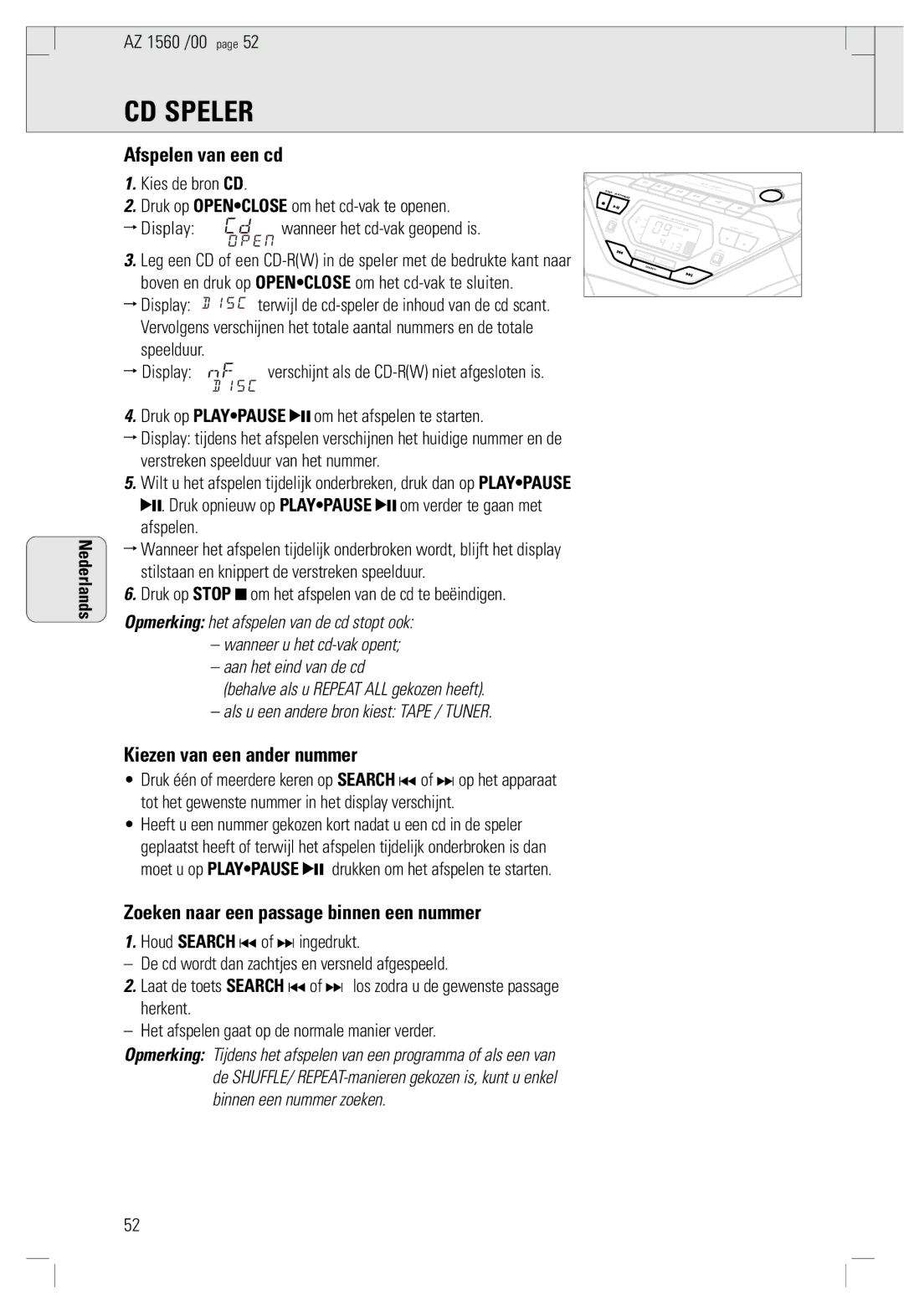 Philips AZ 1560/00 CD Speler, Afspelen van een cd, Kiezen van een ander nummer, Zoeken naar een passage binnen een nummer 