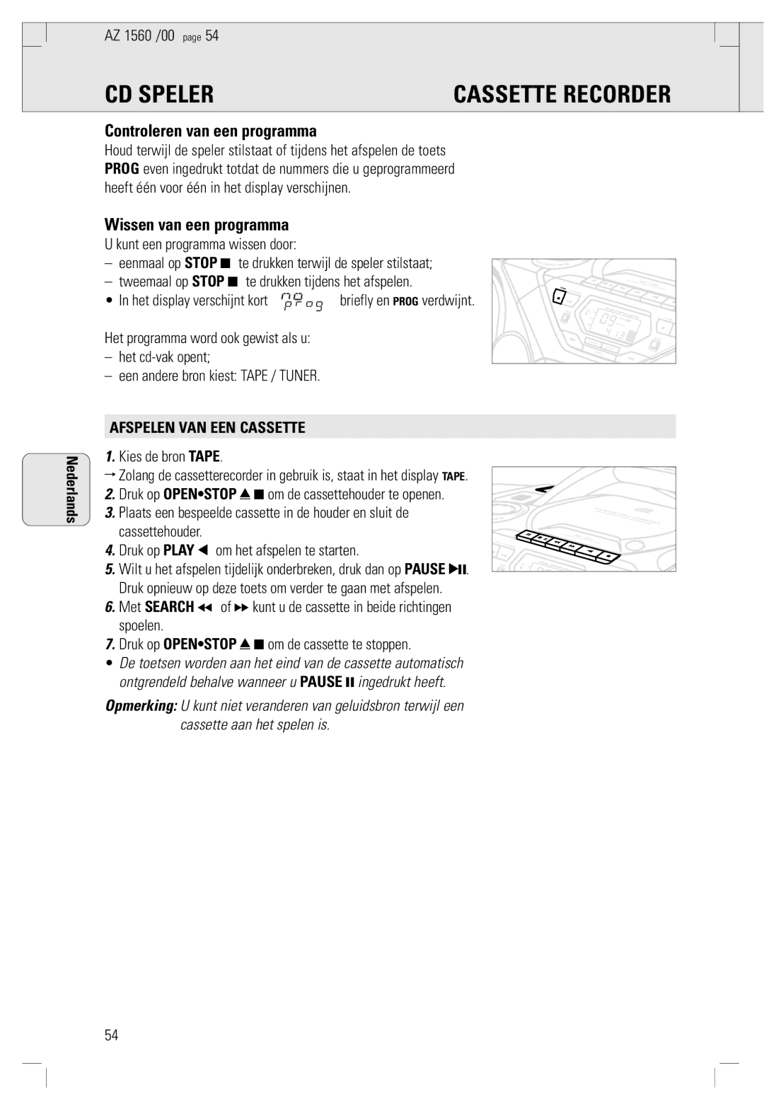 Philips AZ 1560/00 manual Controleren van een programma, Wissen van een programma, Kunt een programma wissen door 