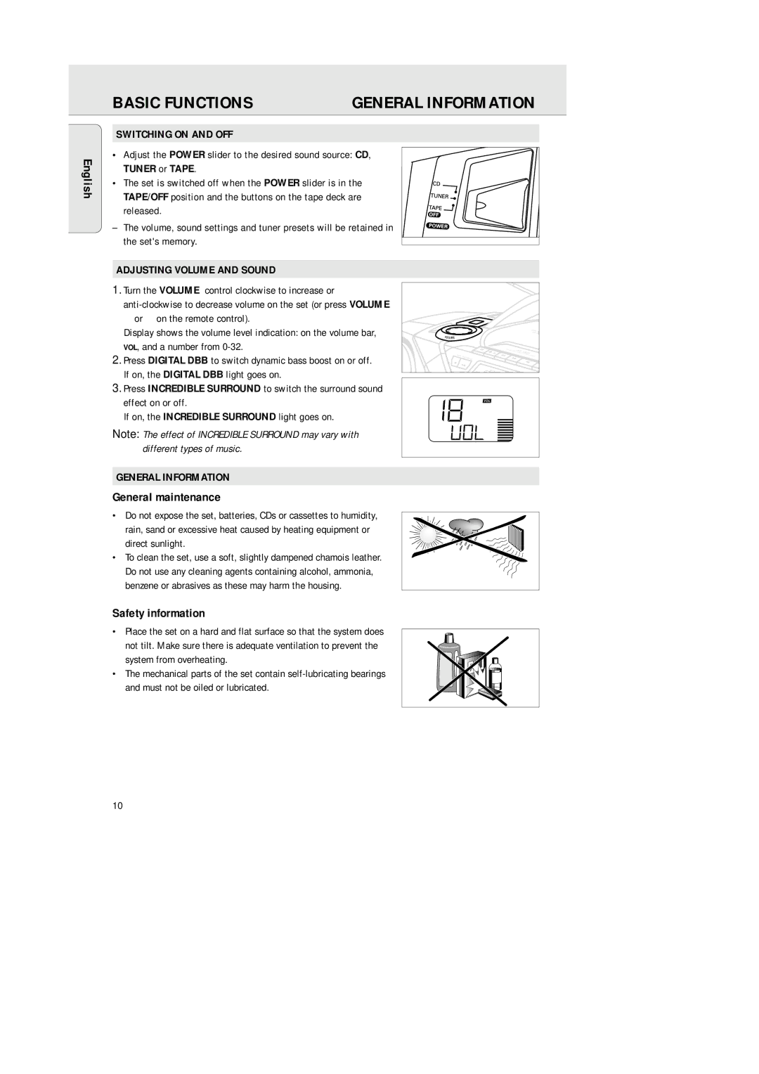 Philips AZ 1564 manual Basic Functions, General maintenance, Safety information 