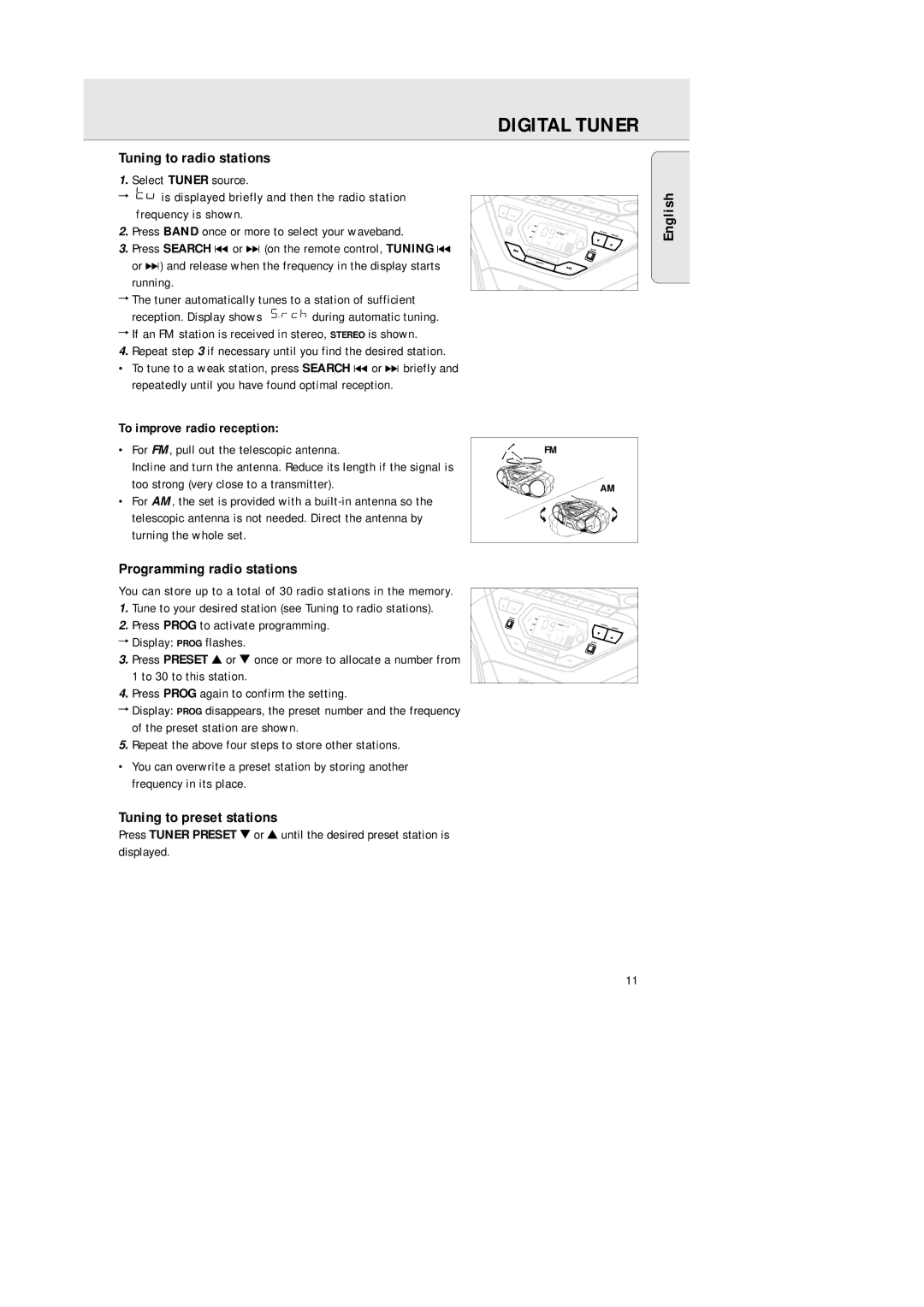 Philips AZ 1564 manual Digital Tuner, Tuning to radio stations, Programming radio stations, Tuning to preset stations 