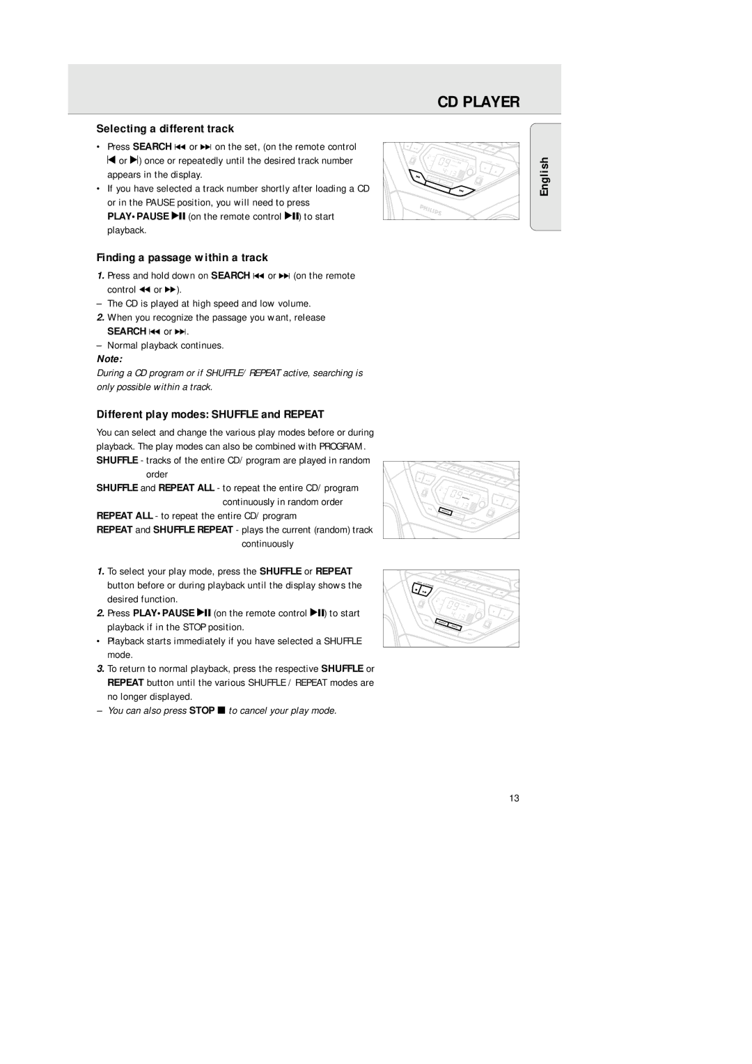 Philips AZ 1564 manual CD Player, Selecting a different track, Finding a passage within a track, Search ∞ or § 