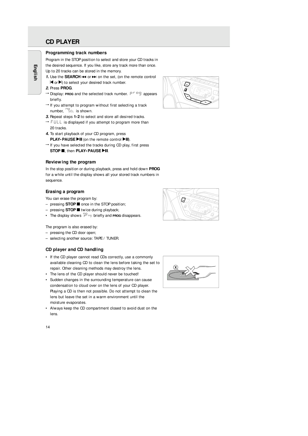 Philips AZ 1564 English Programming track numbers, Reviewing the program, Erasing a program, CD player and CD handling 