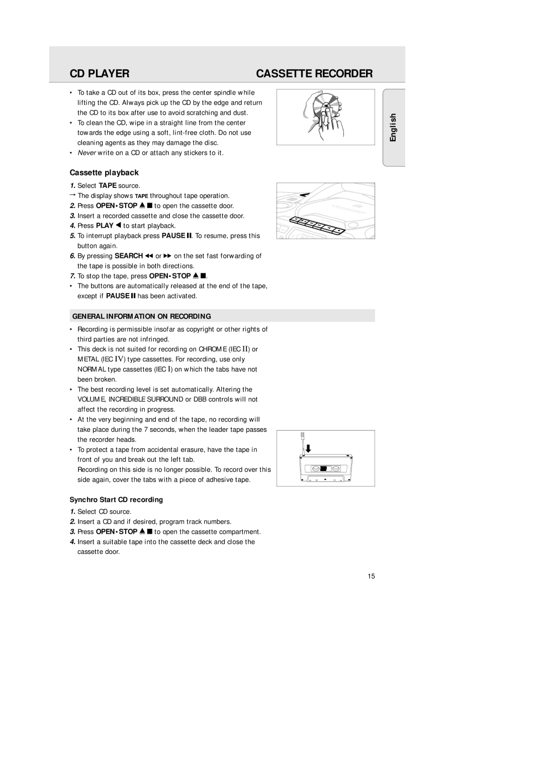 Philips AZ 1564 English Cassette playback, Never write on a CD or attach any stickers to it, Synchro Start CD recording 