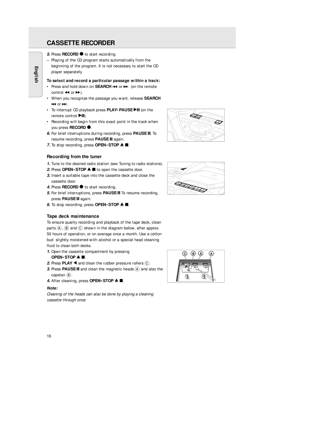 Philips AZ 1564 Cassette Recorder, Recording from the tuner, Tape deck maintenance, To stop recording, press Openstop 