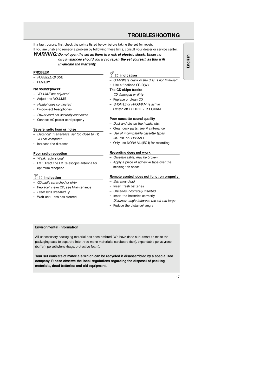 Philips AZ 1564 manual Troubleshooting 