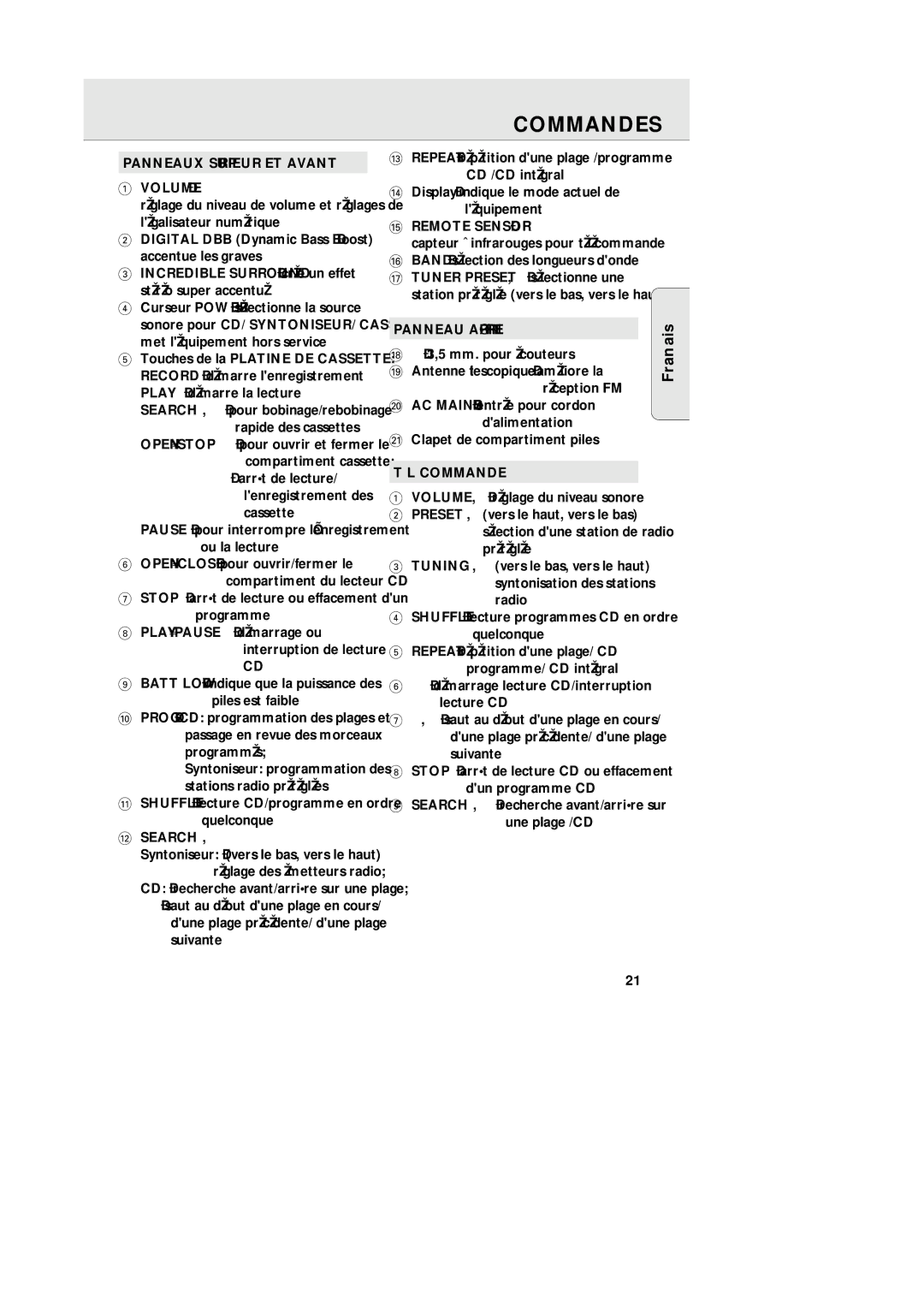 Philips AZ 1564 manual Commandes, Panneaux Supérieur ET Avant Volume, Panneau Arrière, ¡ Clapet de compartiment piles 