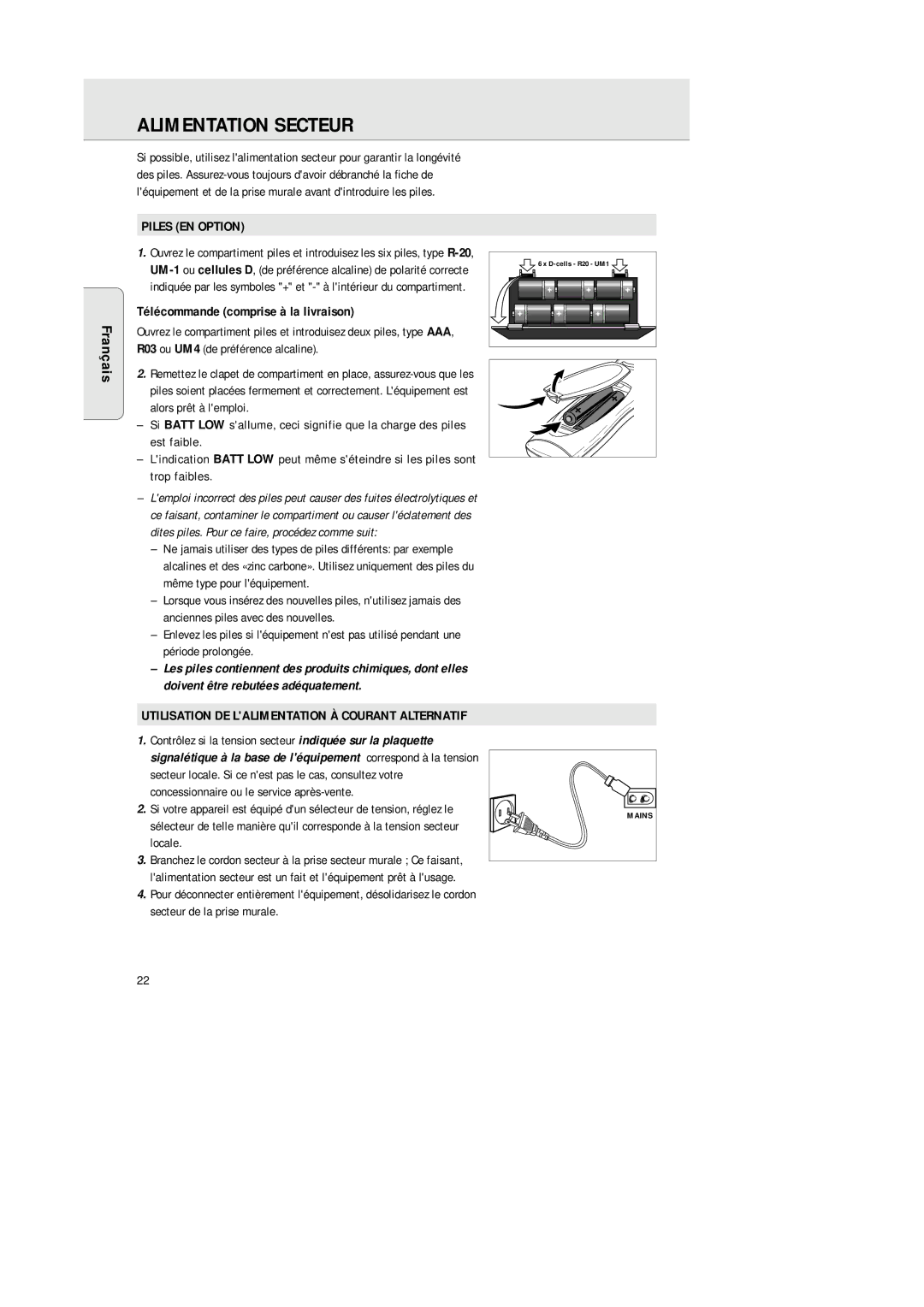 Philips AZ 1564 manual Alimentation Secteur, Ais, Piles EN Option, Télécommande comprise à la livraison 