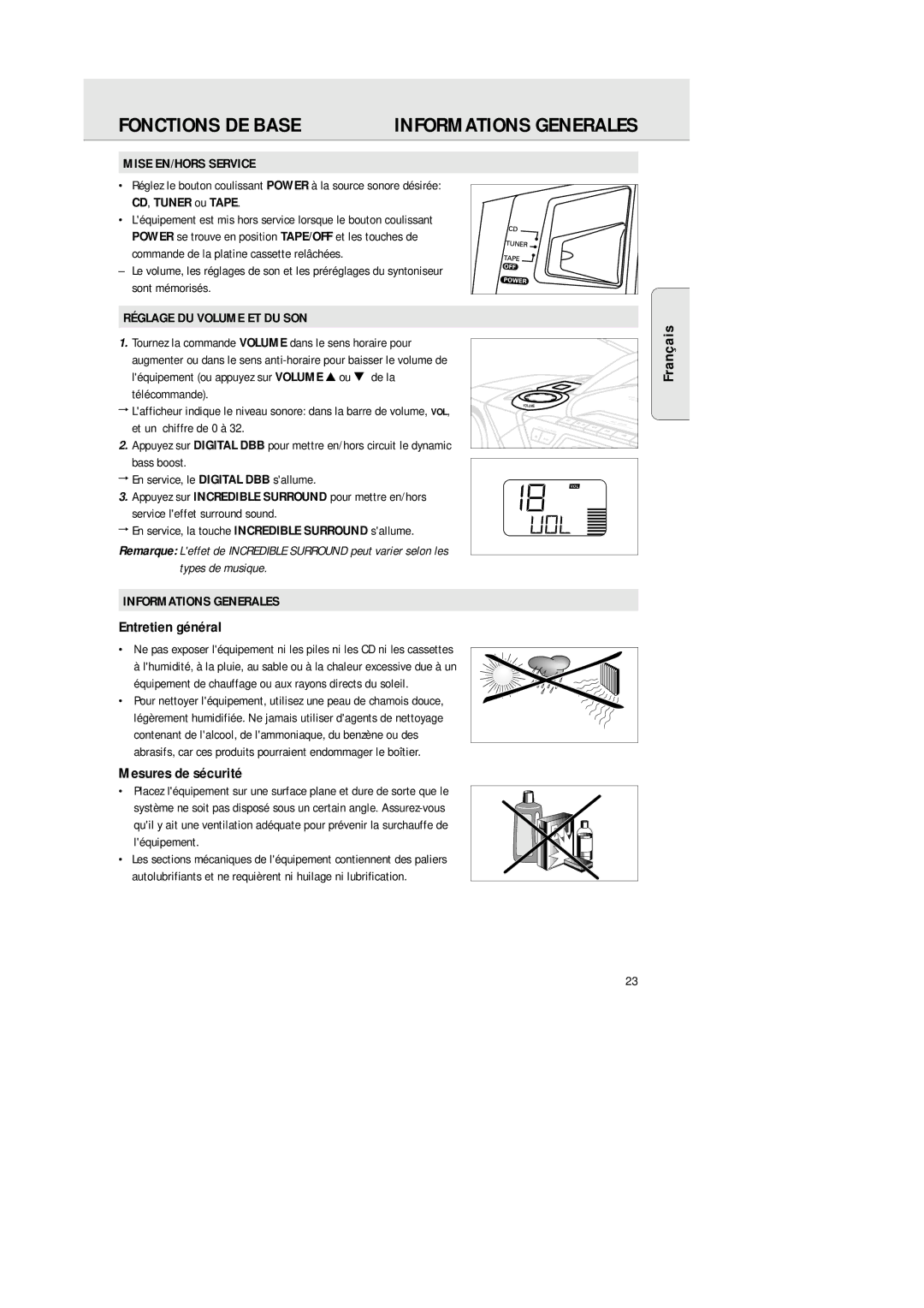 Philips AZ 1564 manual Fonctions DE Base, Entretien général, Mesures de sécurité 