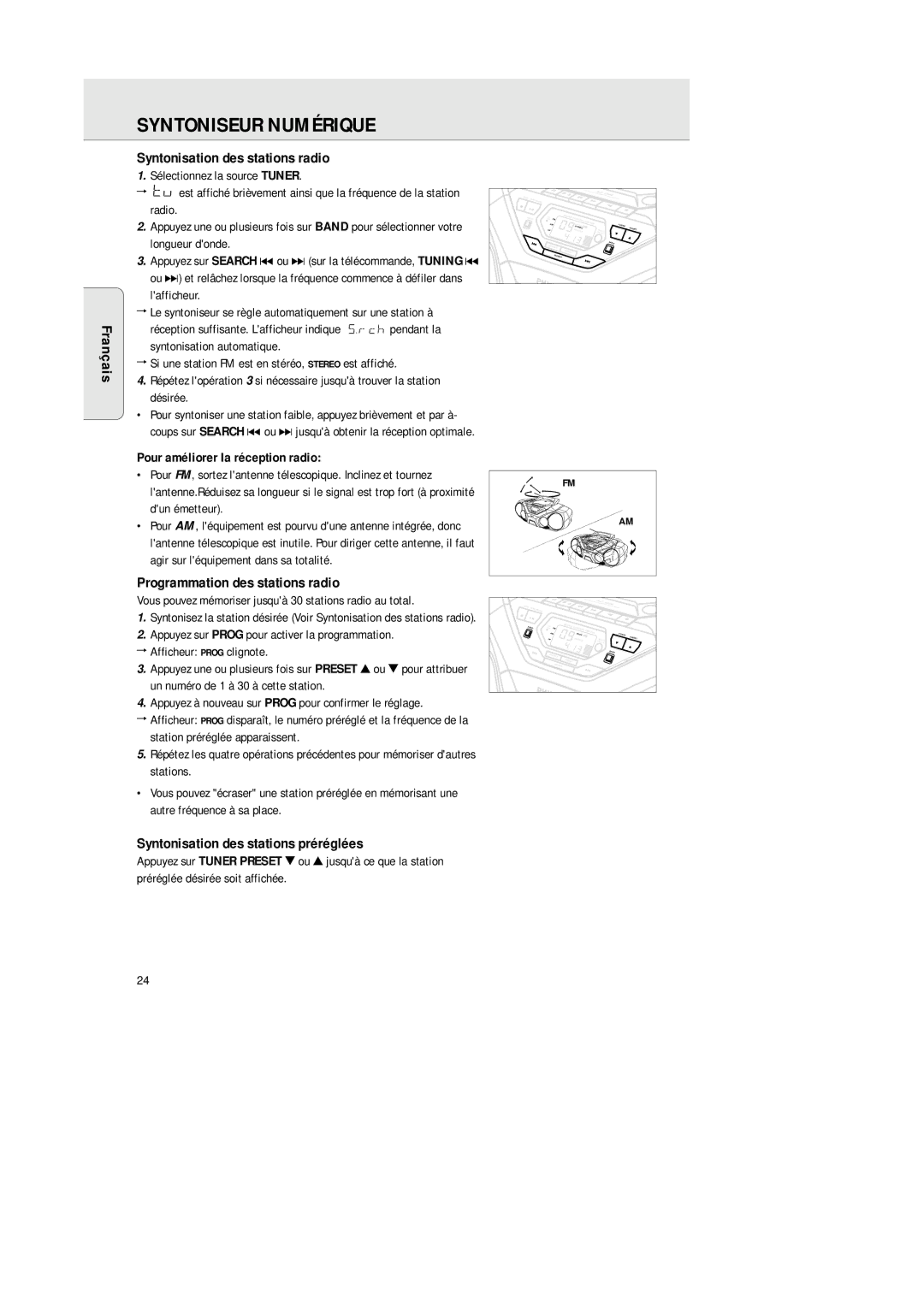 Philips AZ 1564 manual Syntoniseur Numérique, Français Syntonisation des stations radio, Programmation des stations radio 