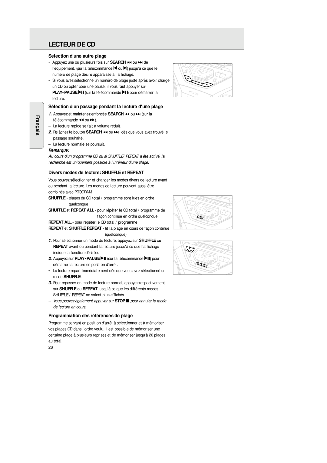 Philips AZ 1564 manual Lecteur DE CD, Selection dune autre plage, Divers modes de lecture Shuffle et Repeat 