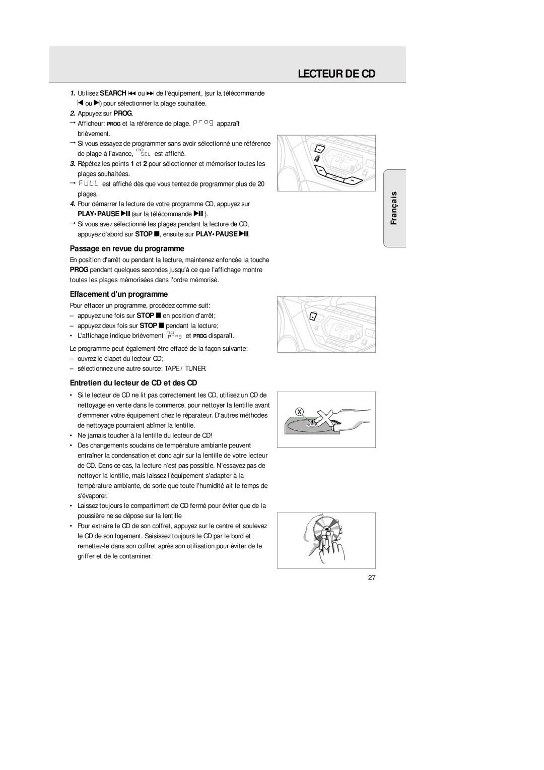 Philips AZ 1564 manual Passage en revue du programme, Effacement dun programme, Entretien du lecteur de CD et des CD 