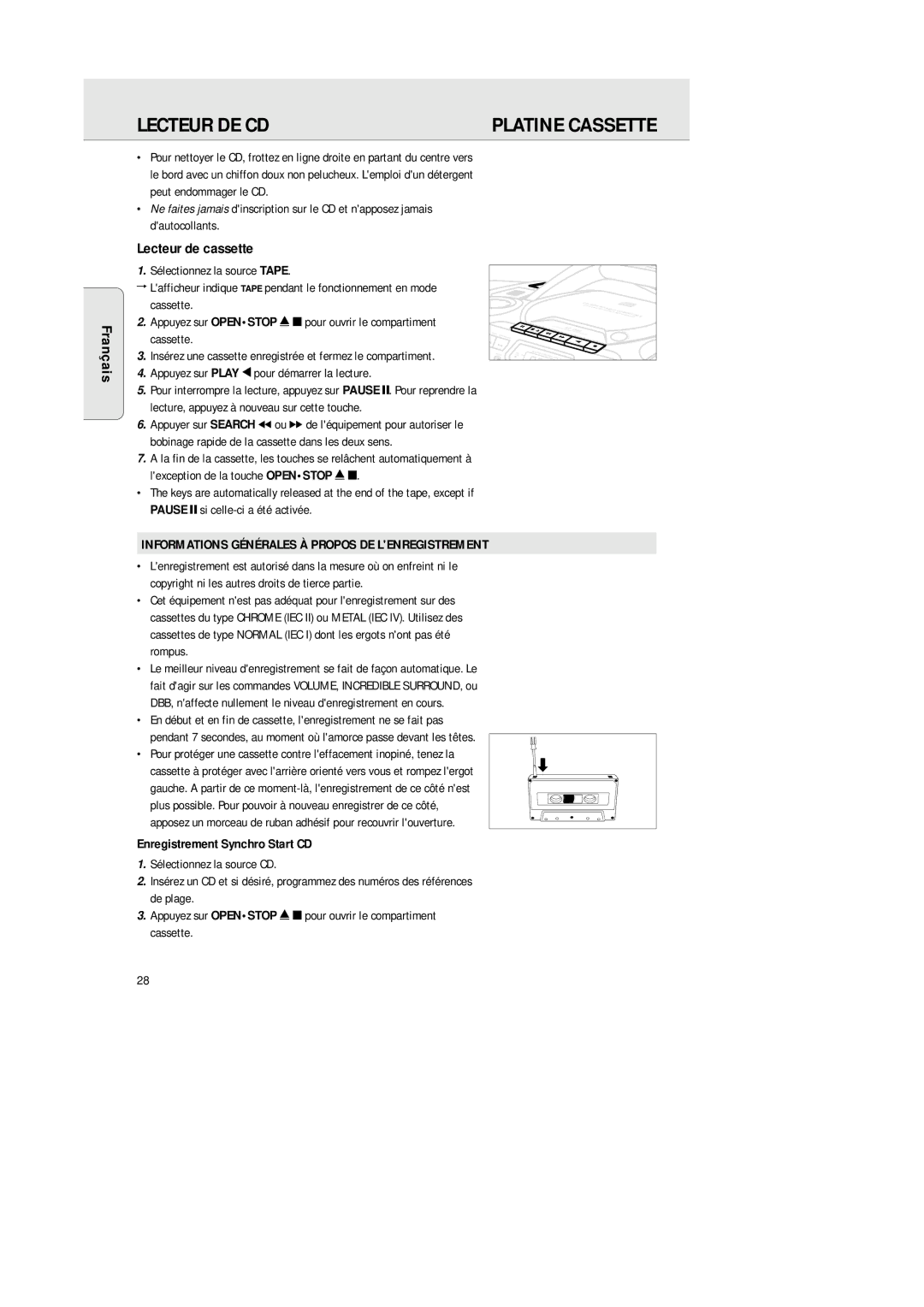 Philips AZ 1564 Français Lecteur de cassette, Sélectionnez la source Tape, Appuyez sur Play 1 pour démarrer la lecture 