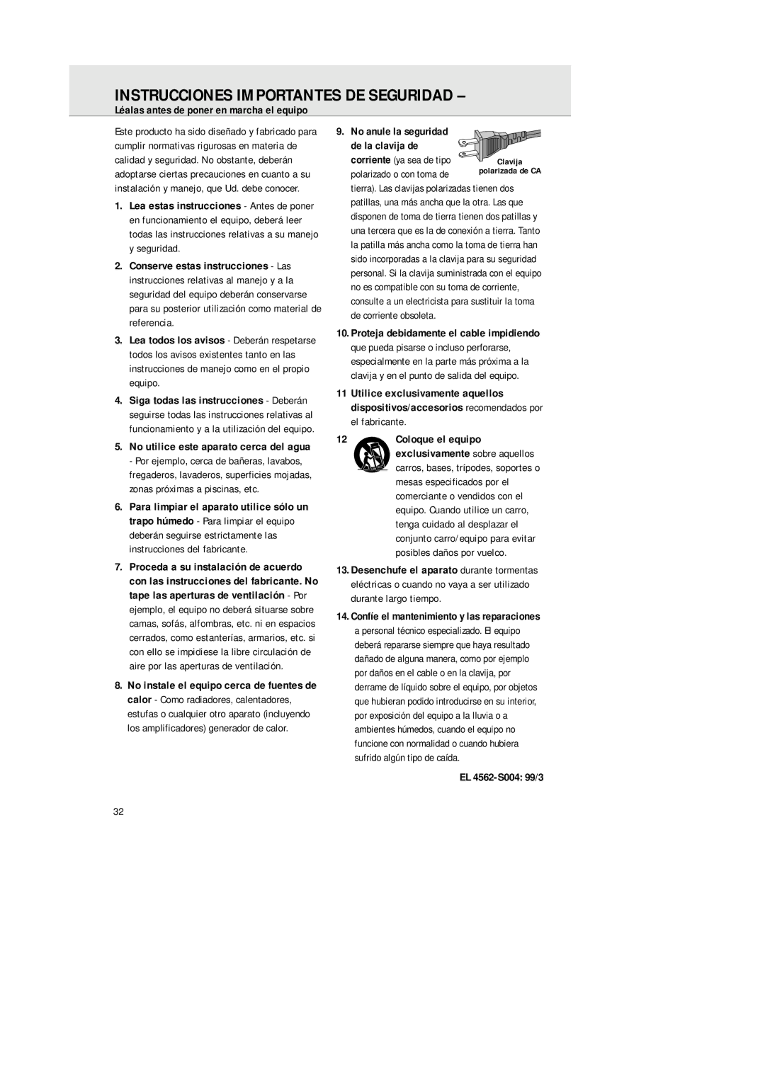 Philips AZ 1564 manual Instrucciones Importantes DE Seguridad, Léalas antes de poner en marcha el equipo, EL 4562-S004 99/3 