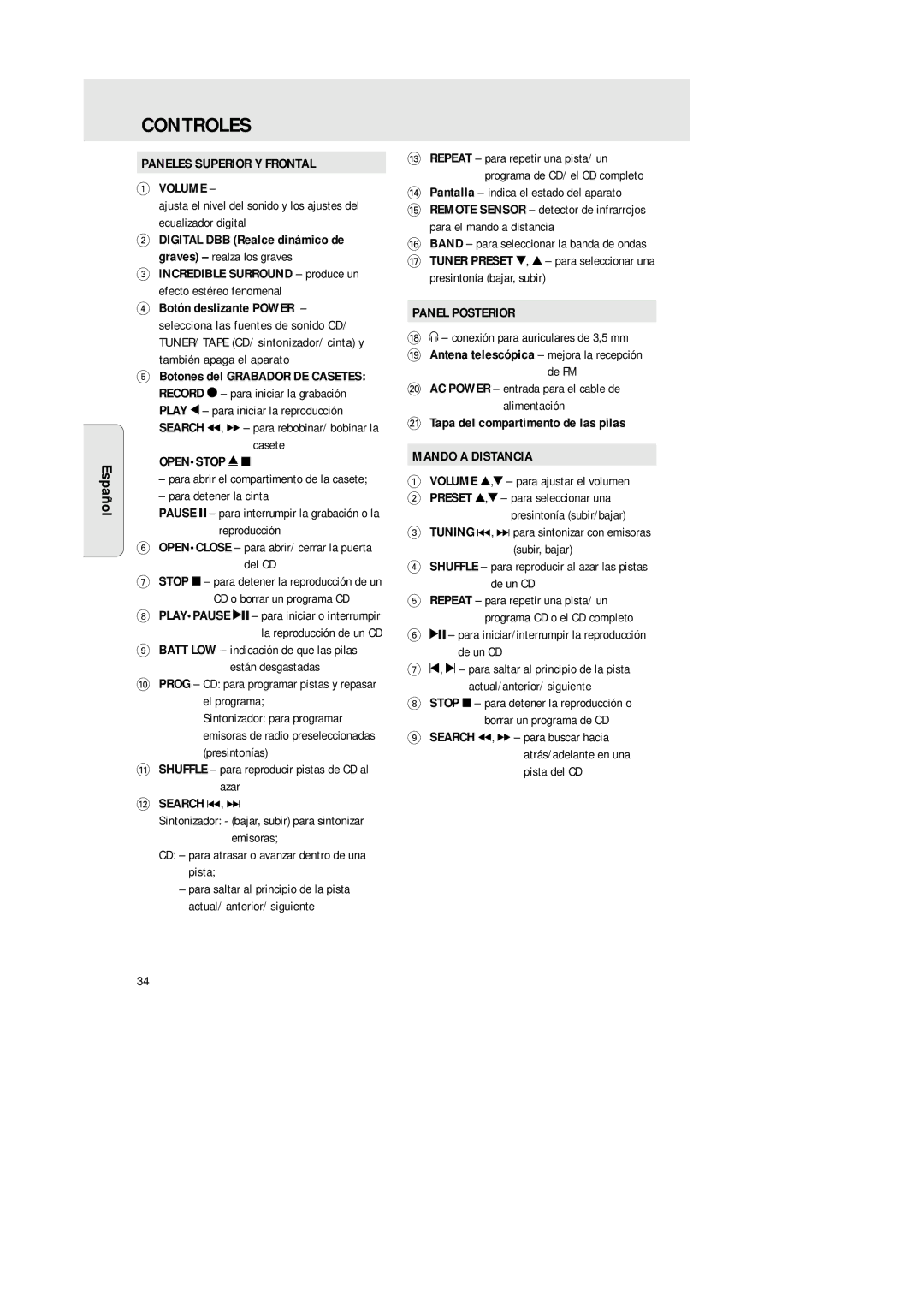 Philips AZ 1564 manual Controles, Paneles Superior Y Frontal Volume, Openstop, Panel Posterior, Mando a Distancia 