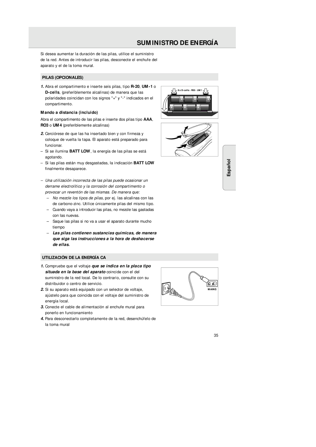 Philips AZ 1564 manual Suministro DE Energía, Pilas Opcionales, Mando a distancia incluido, Utilización DE LA Energía CA 