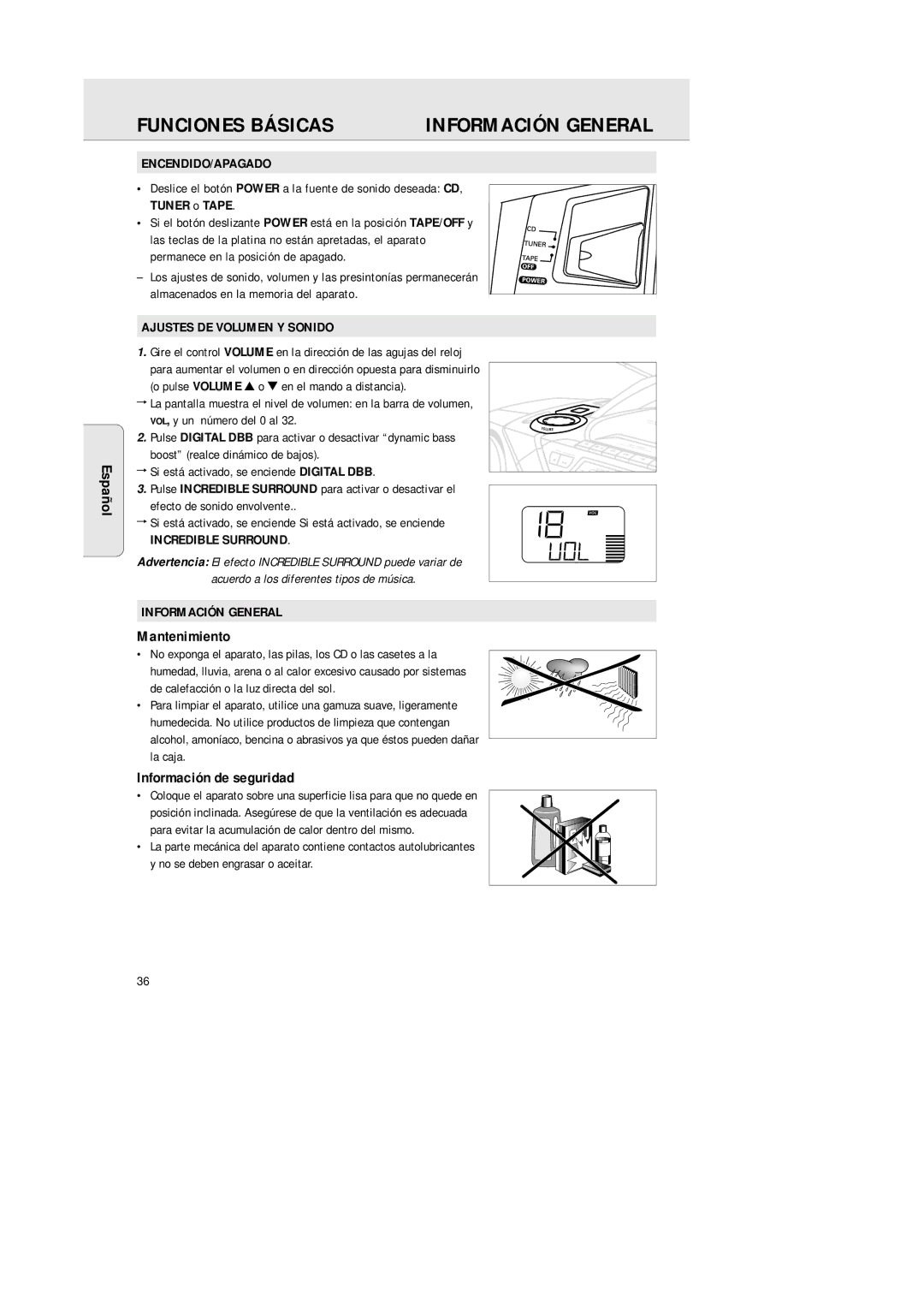 Philips AZ 1564 manual Funciones Básicas, Mantenimiento, Información de seguridad 