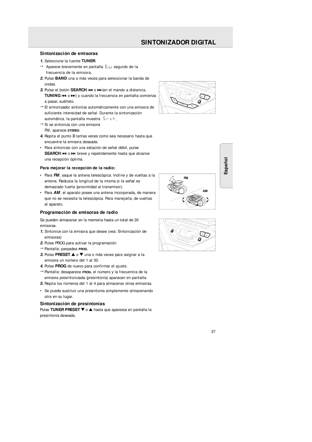 Philips AZ 1564 manual Sintonizador Digital, Sintonización de emisoras, Programación de emisoras de radio 