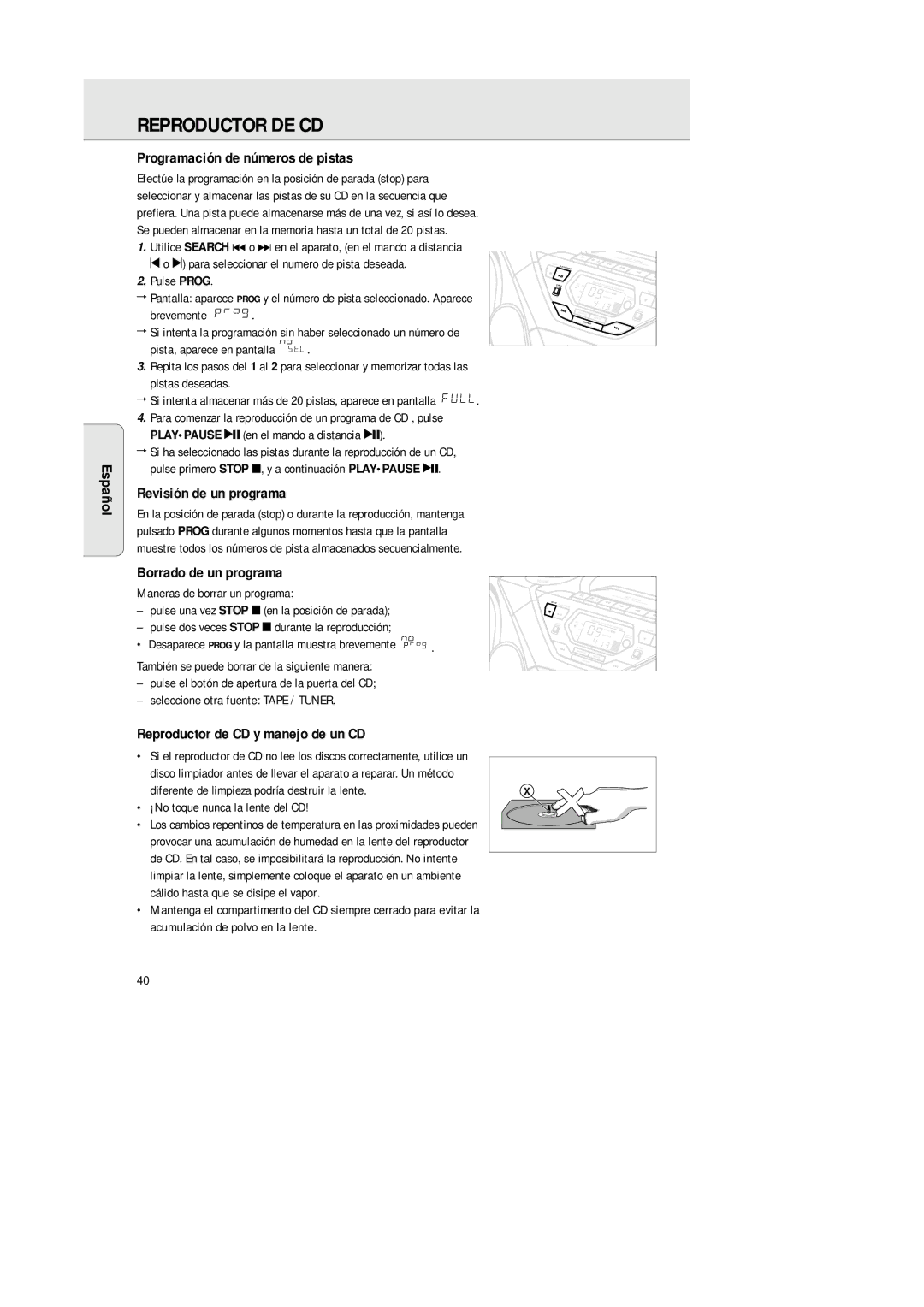 Philips AZ 1564 manual Programación de números de pistas, Ñol Revisión de un programa, Borrado de un programa 