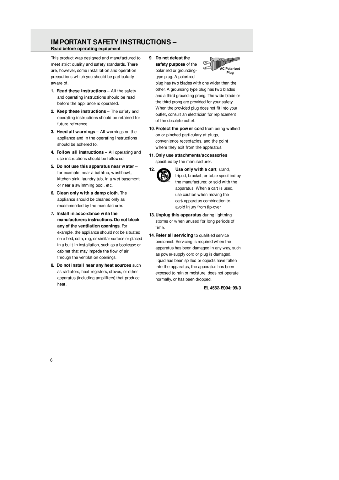 Philips AZ 1564 manual Important Safety Instructions 