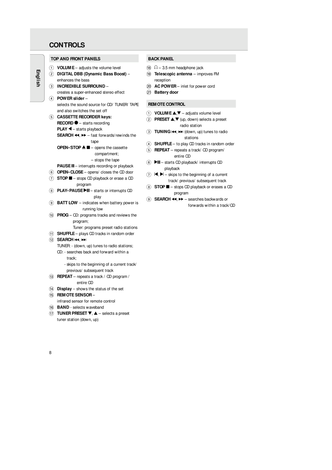 Philips AZ 1564 manual Controls, English 