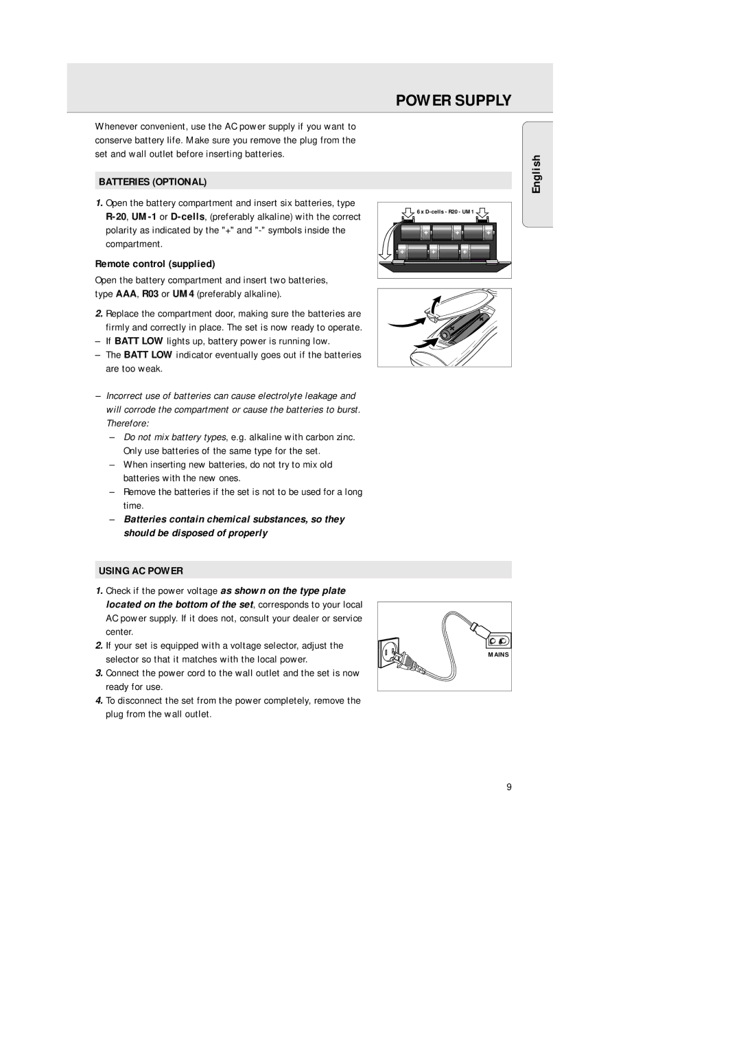 Philips AZ 1564 manual Power Supply, Batteries Optional, Remote control supplied, Using AC Power 